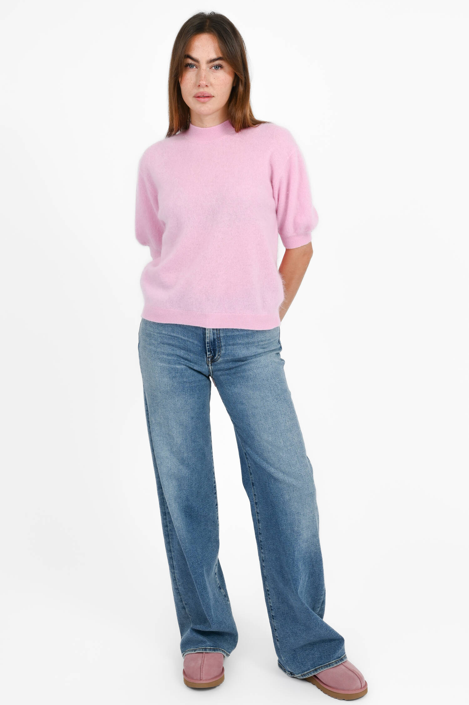 Kurzarm Pullover aus Woll-Cashmere-Mix in Pink