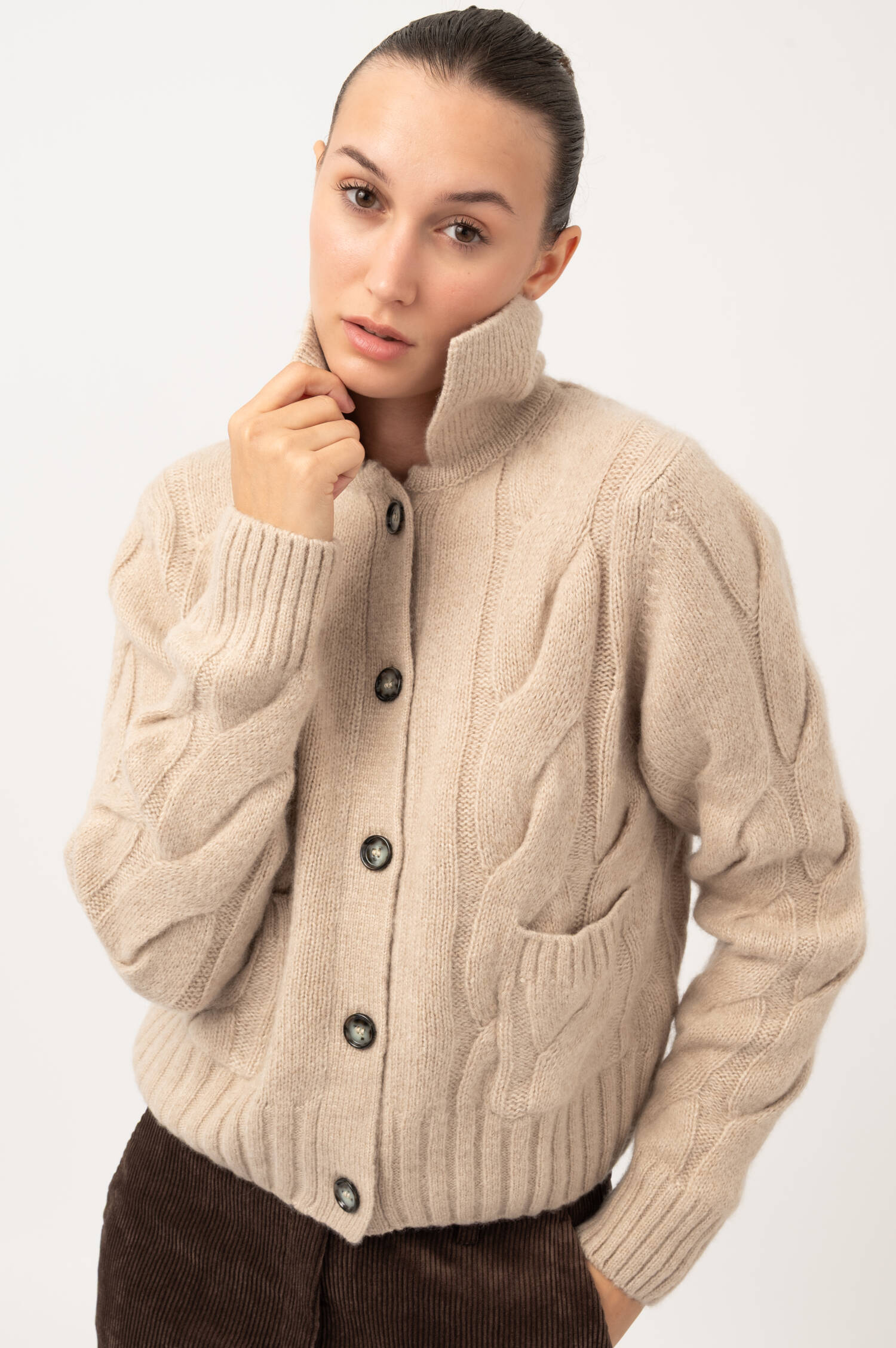 Cashmere-Seiden Zopfstrick Cardigan in Beige