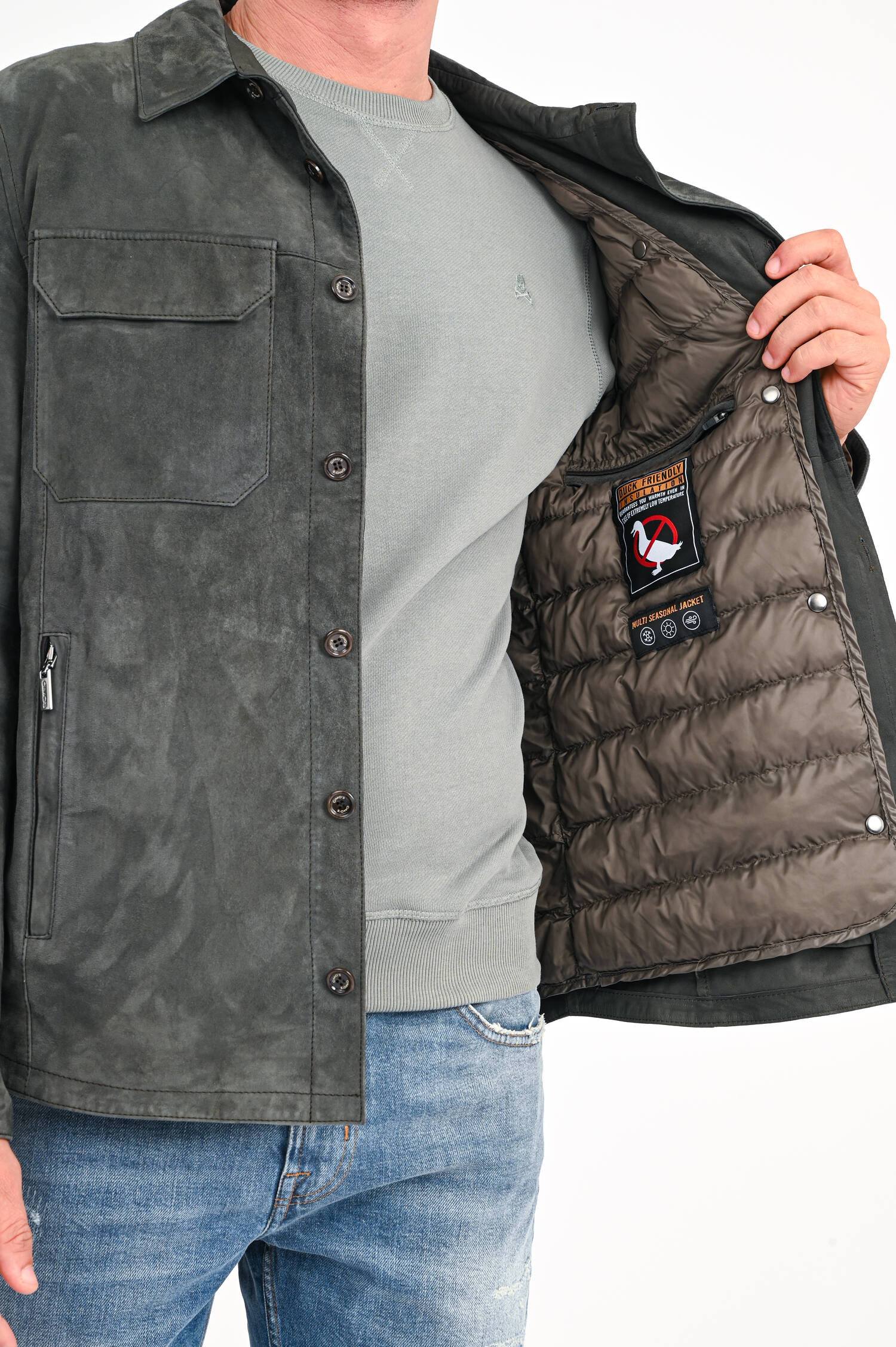 Overshirt aus Veloursleder in Graugrün Overshirt aus Veloursleder in Graugrün