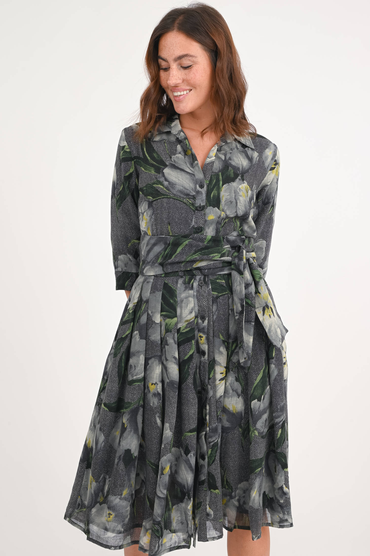 Kleid AUDREY mit Tulpen-Print in Graugrün