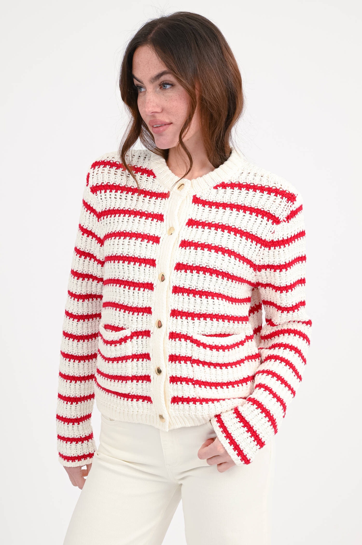 Gestreifte Strickweste in Creme/Rot