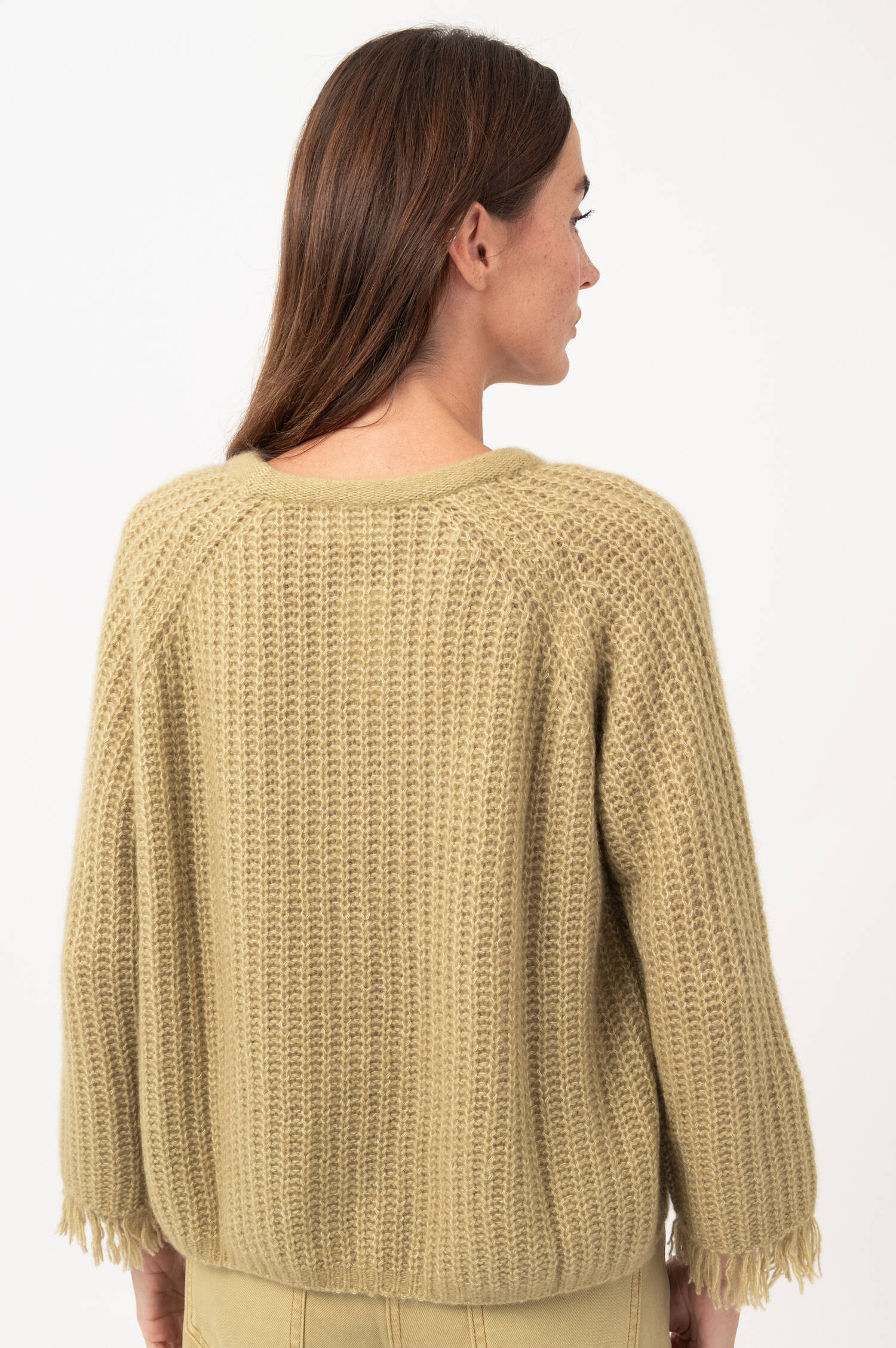 Patentstrick-Pullover mit Fransen in Grün 