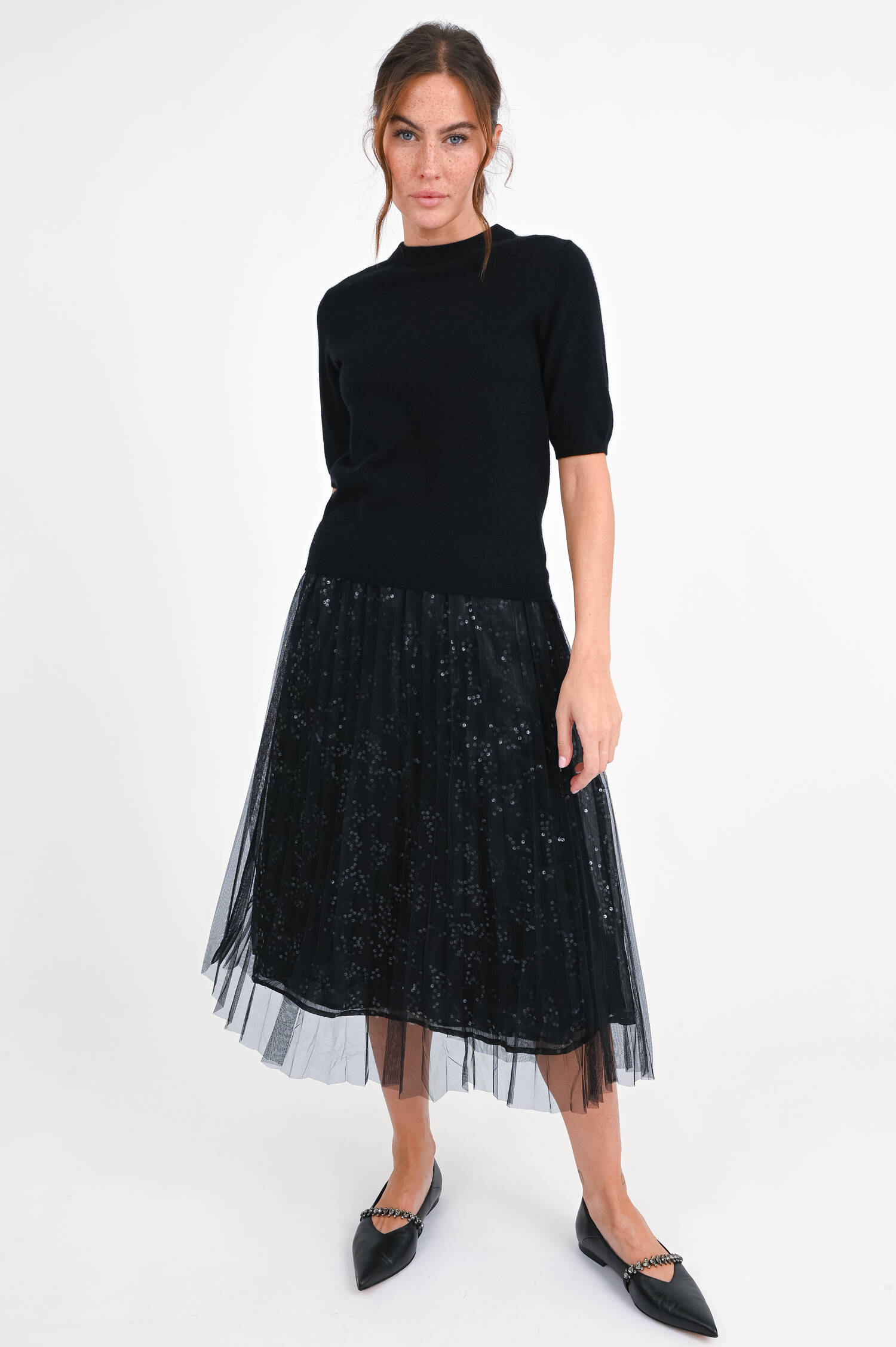 Kurzarm-Cashmere-Pullover in Schwarz