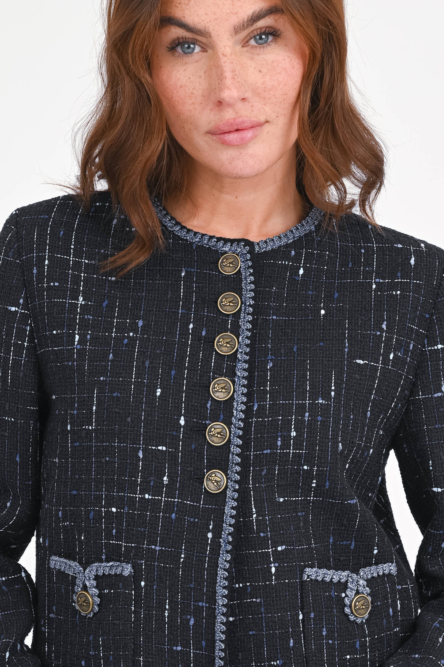 Jacke aus Tweed-Bouclé in Schwarz/Blau