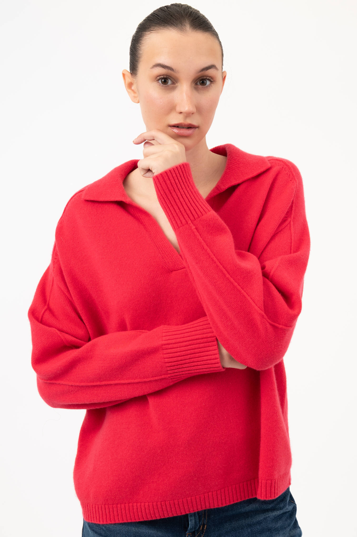 Woll-Cashmere-Pullover mit Polokragen in Himbeer Woll-Cashmere-Pullover mit Polokragen in Himbeer