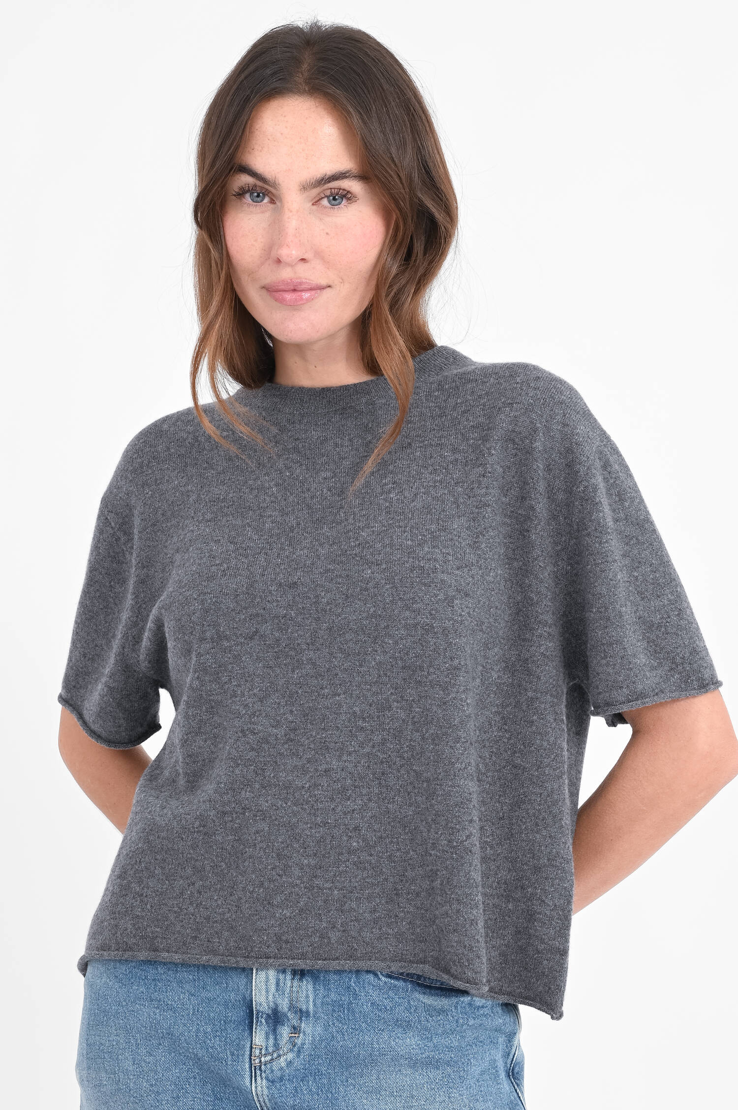 Kurzarm Cashmere Shirt CILA in Anthrazit