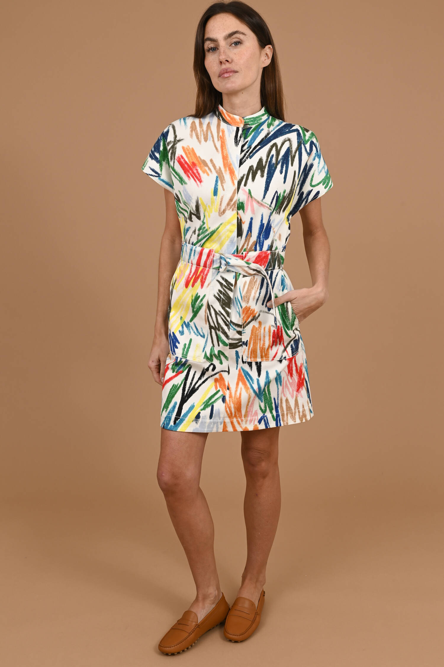 Kurzarm Denimkleid in Cream gemustert