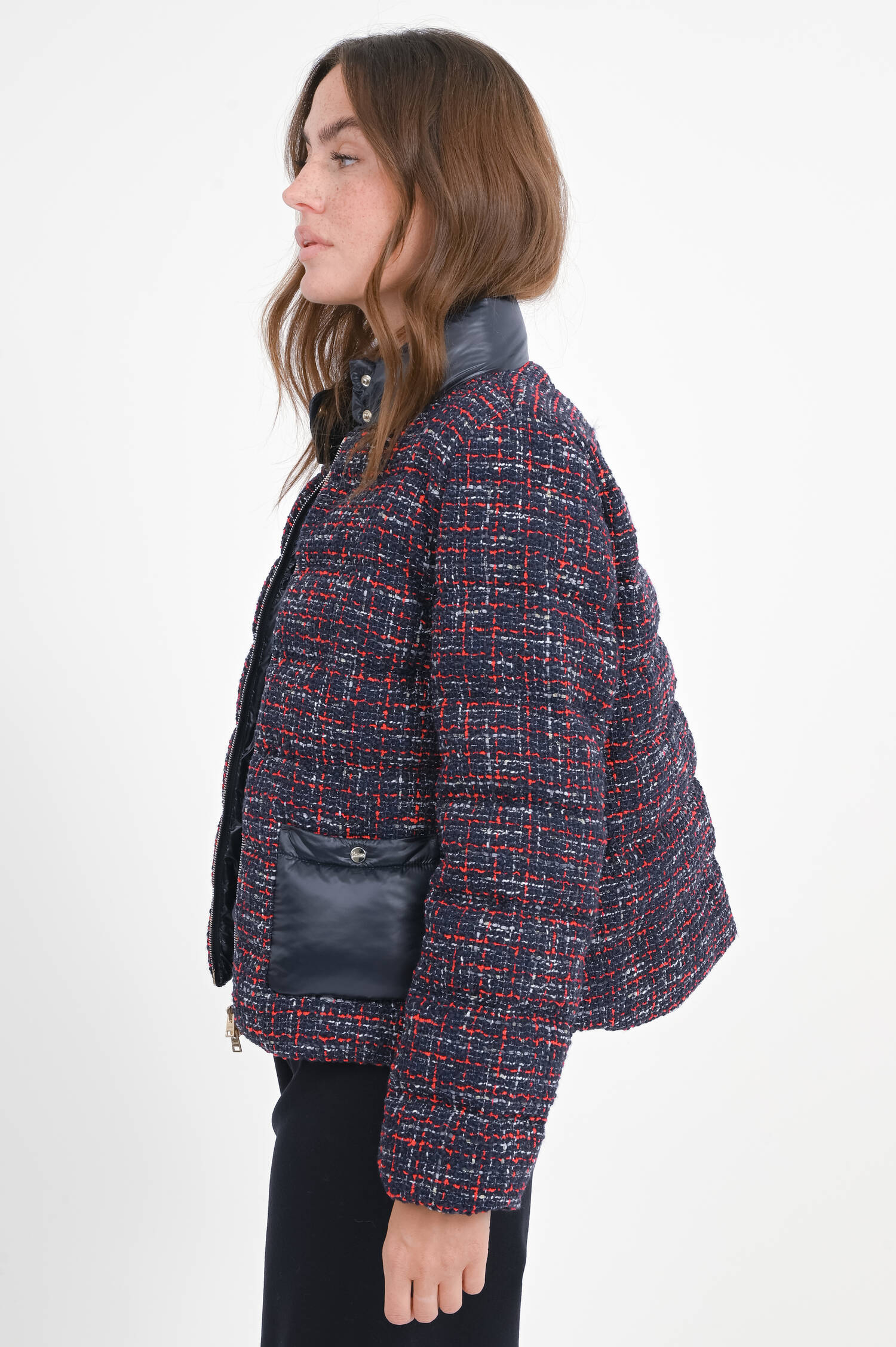 Daunenjacke aus Tweed in Navy/Rot Daunenjacke aus Tweed in Navy/Rot