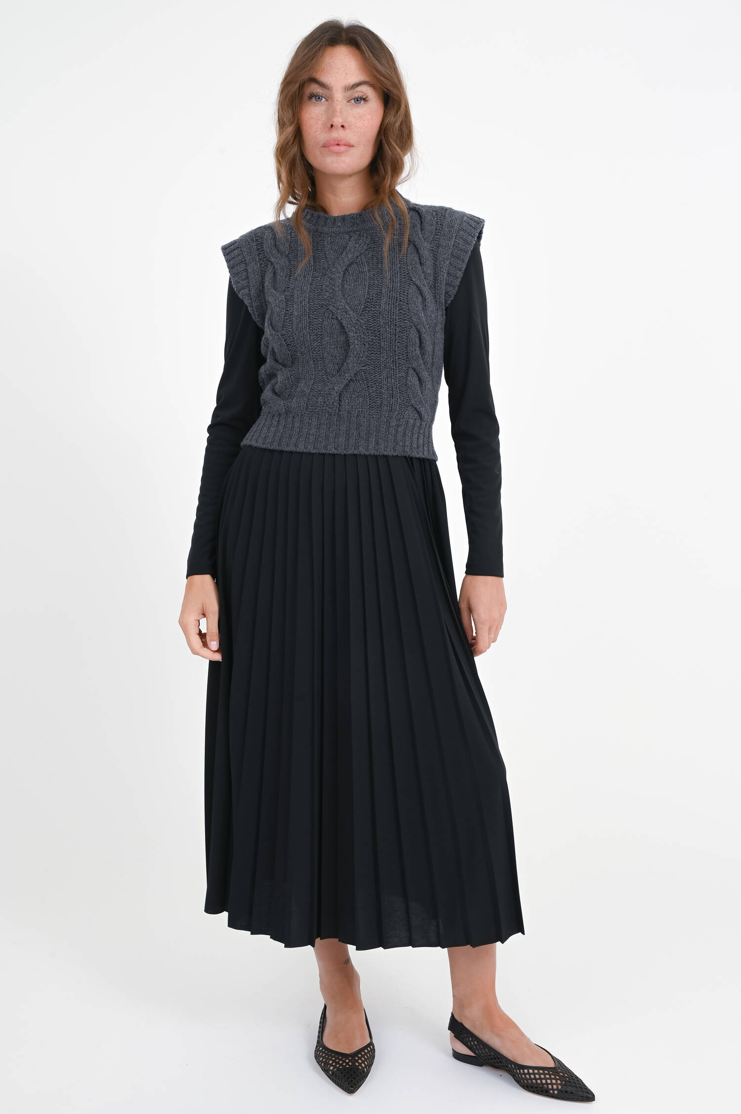 Plisseekleid EBRO mit Pullunder in Schwarz/Grau