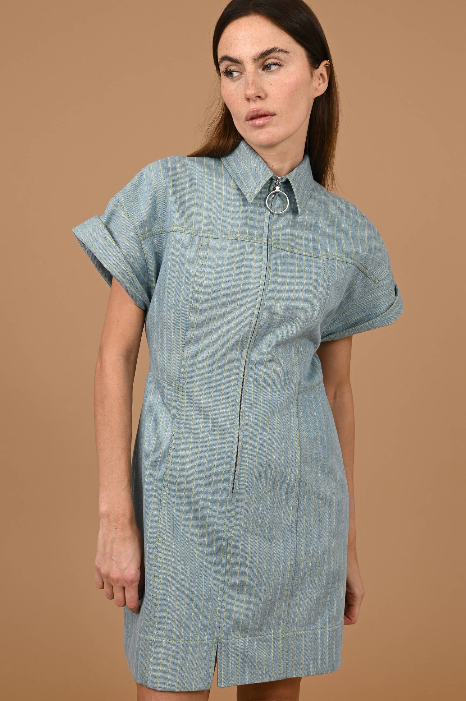 Denimblusenkleid in Hellblau/Grün