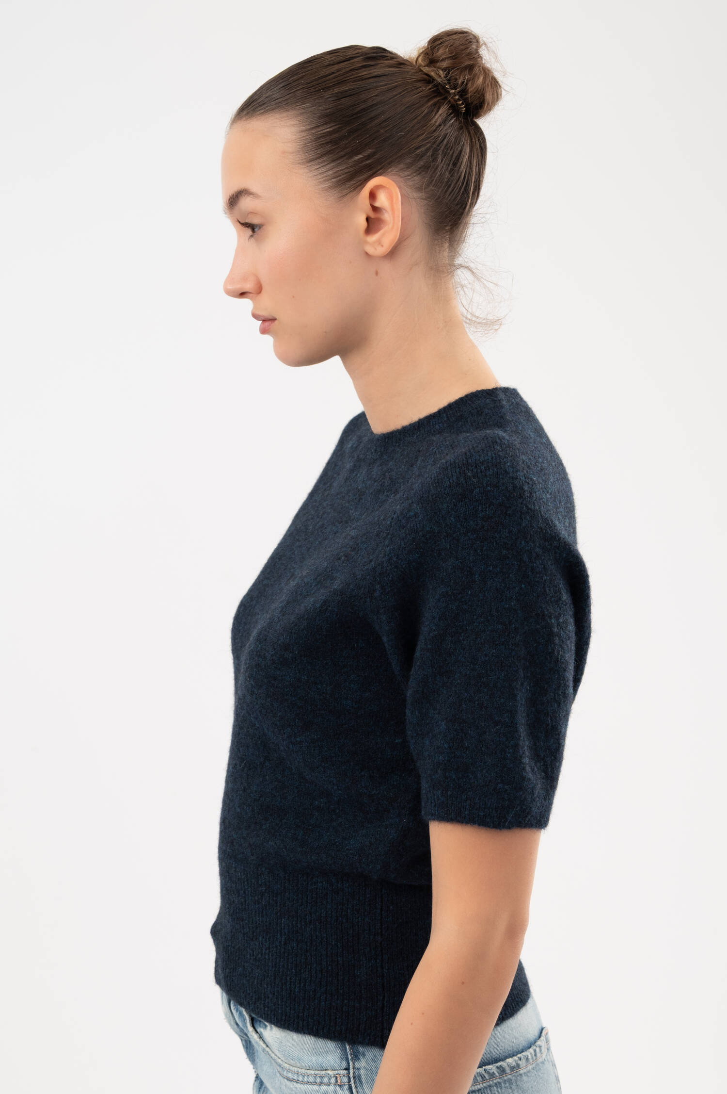 Alpaka-Woll-Mix-Kurzarmpullover in Navy meliert Alpaka-Woll-Mix-Kurzarmpullover in Navy meliert