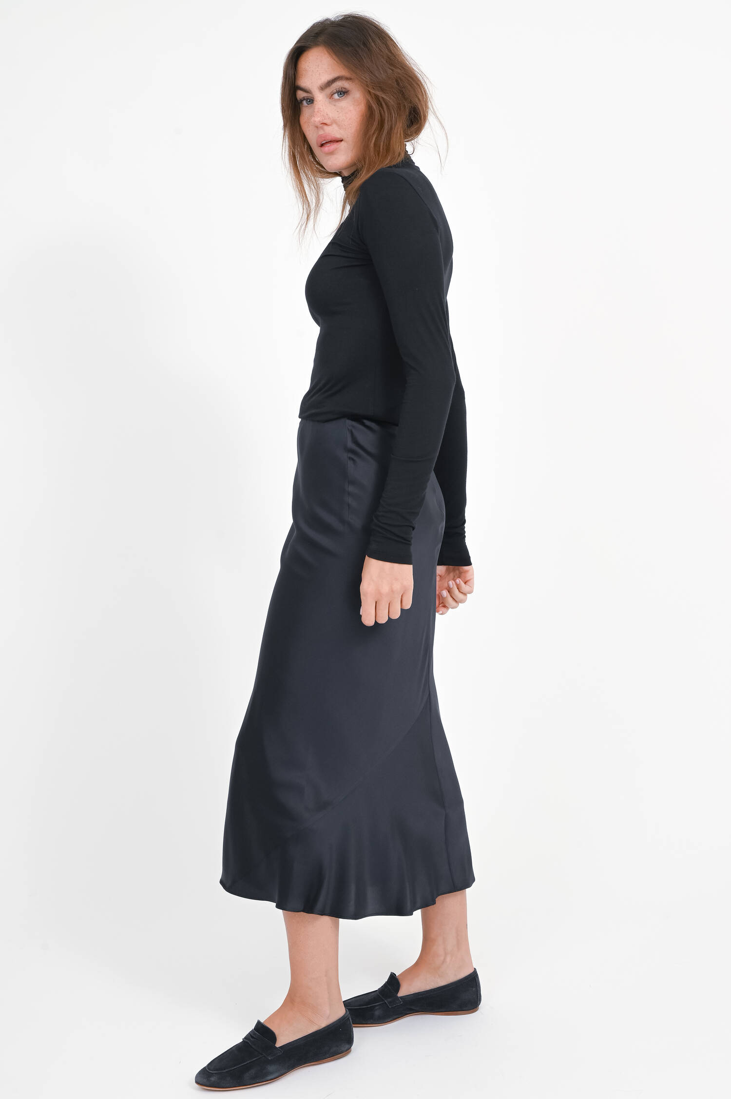 Midi Rock aus Seide in Dark Navy