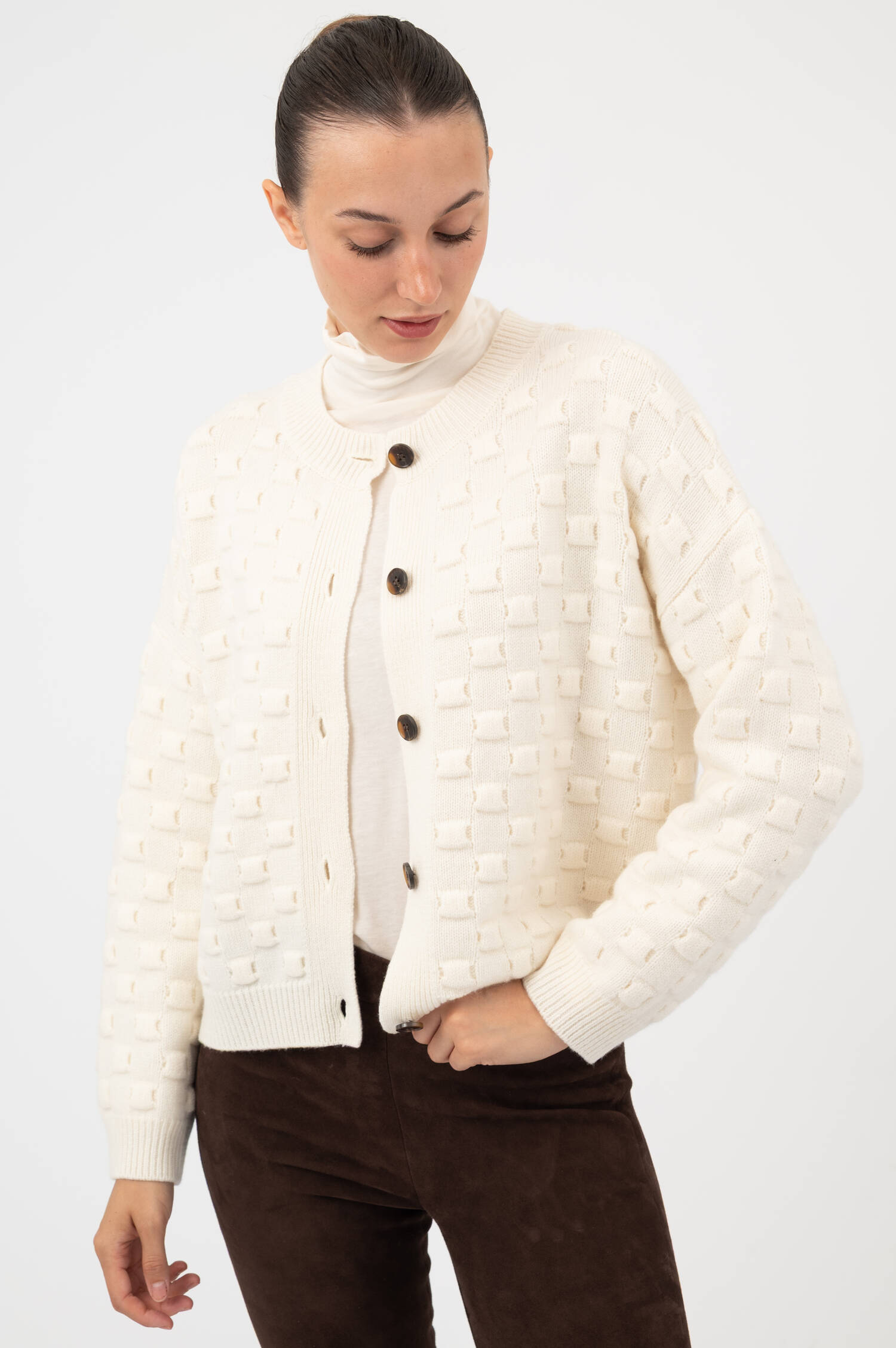 Woll-Cashmere-Cardigan mit Strukturmuster in Beige