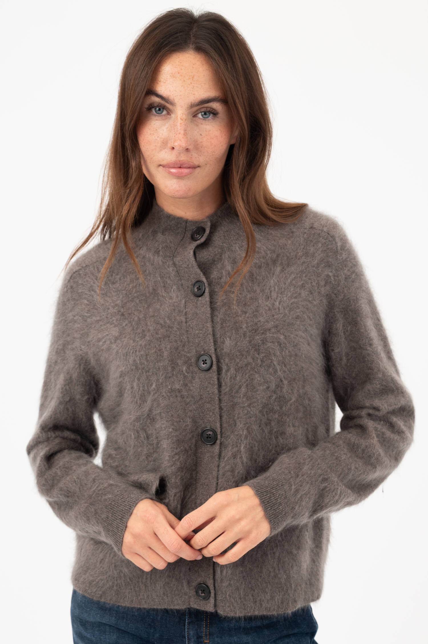 Hairy-Cashmere-Stehkragen-Cardigan in Grau