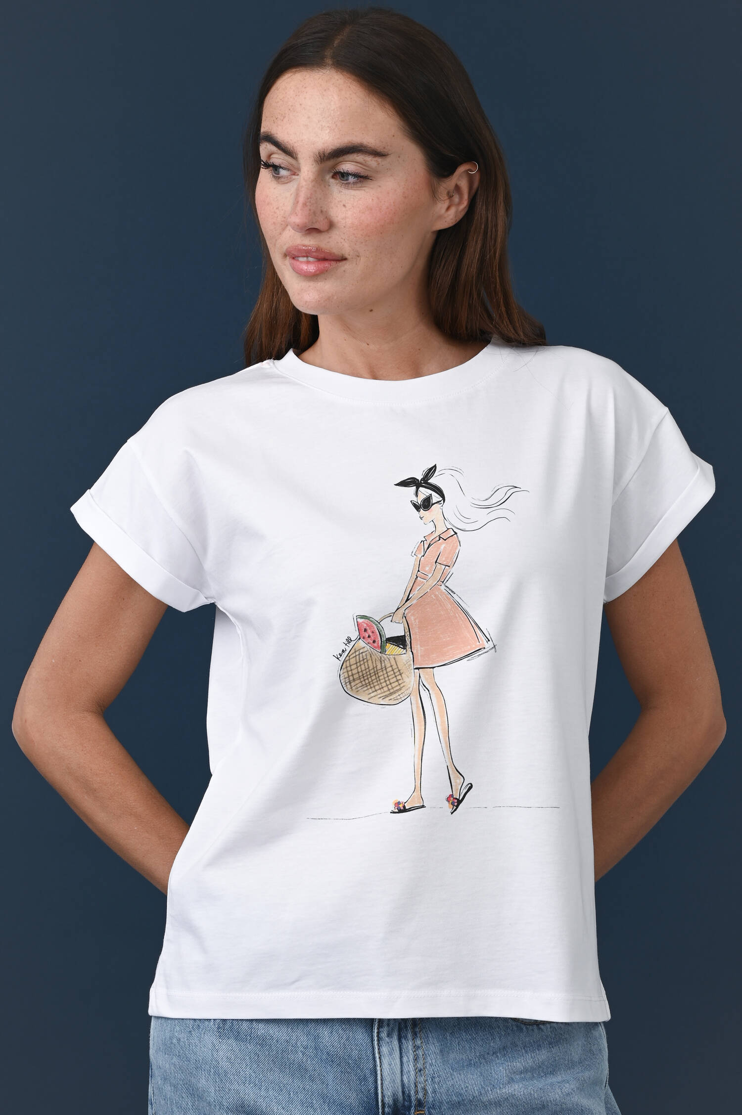 T-Shirt "Frau mit Kleid" in Weiß/Peach