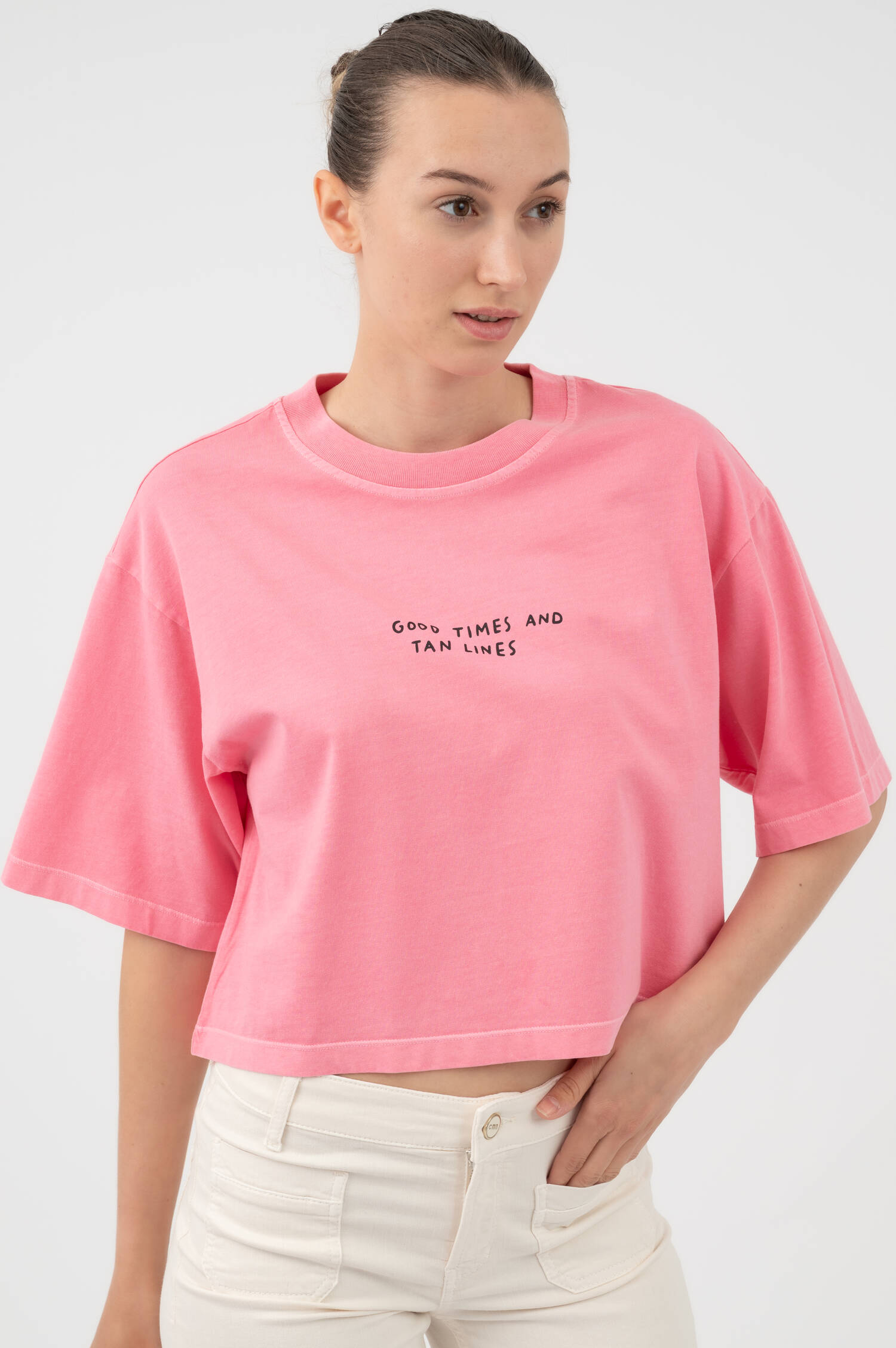 Cropped Boxy T-Shirt GOOD TIMES in Peonypink Cropped Boxy T-Shirt GOOD TIMES in Peonypink