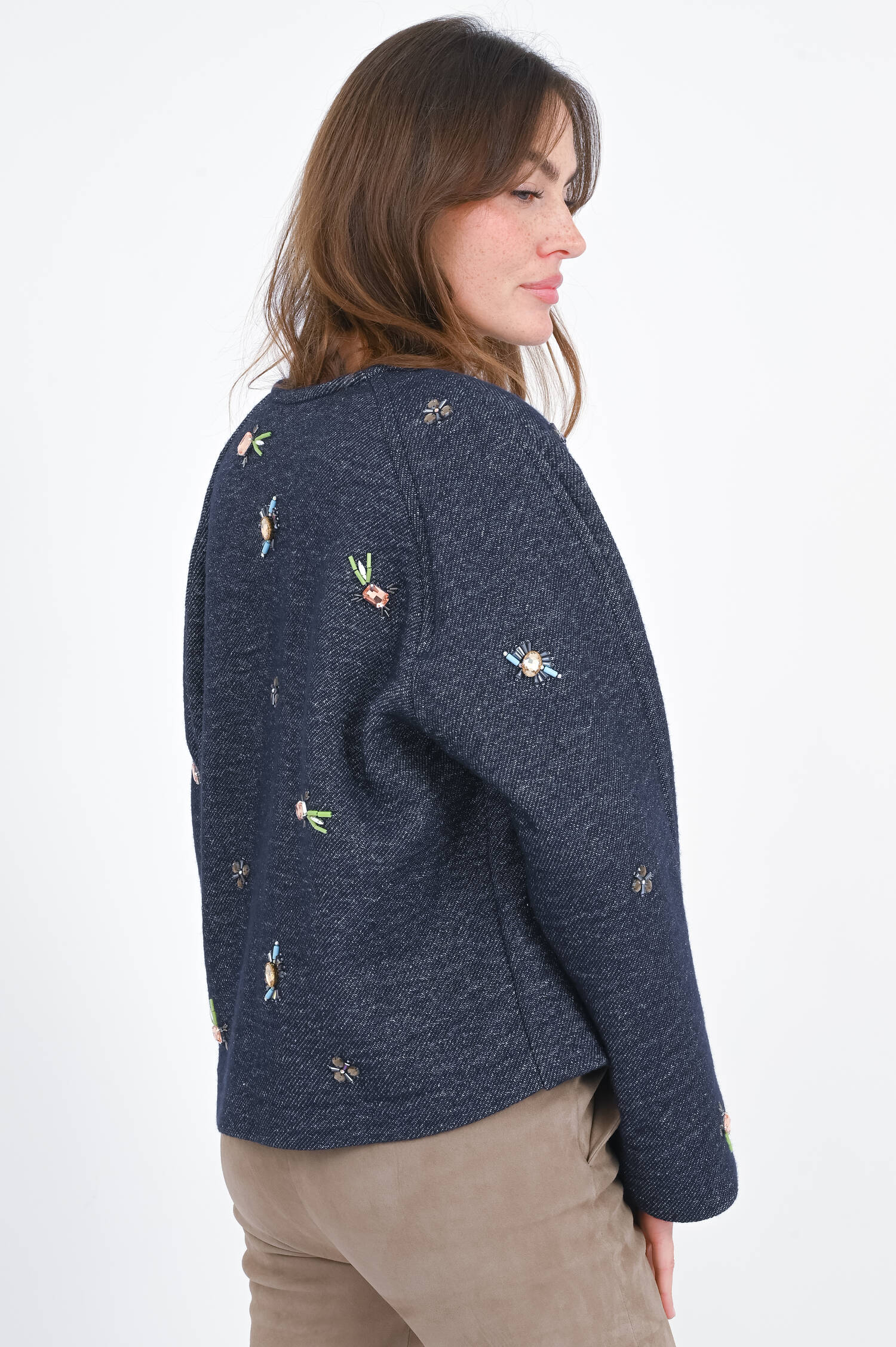 Jacke mit floralen Strass-Details in Denim