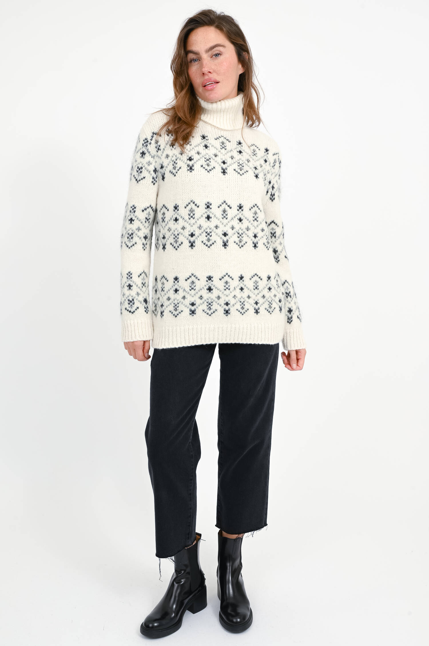 Norweger-Pullover mit Strasssteinen in Weiß/Grau