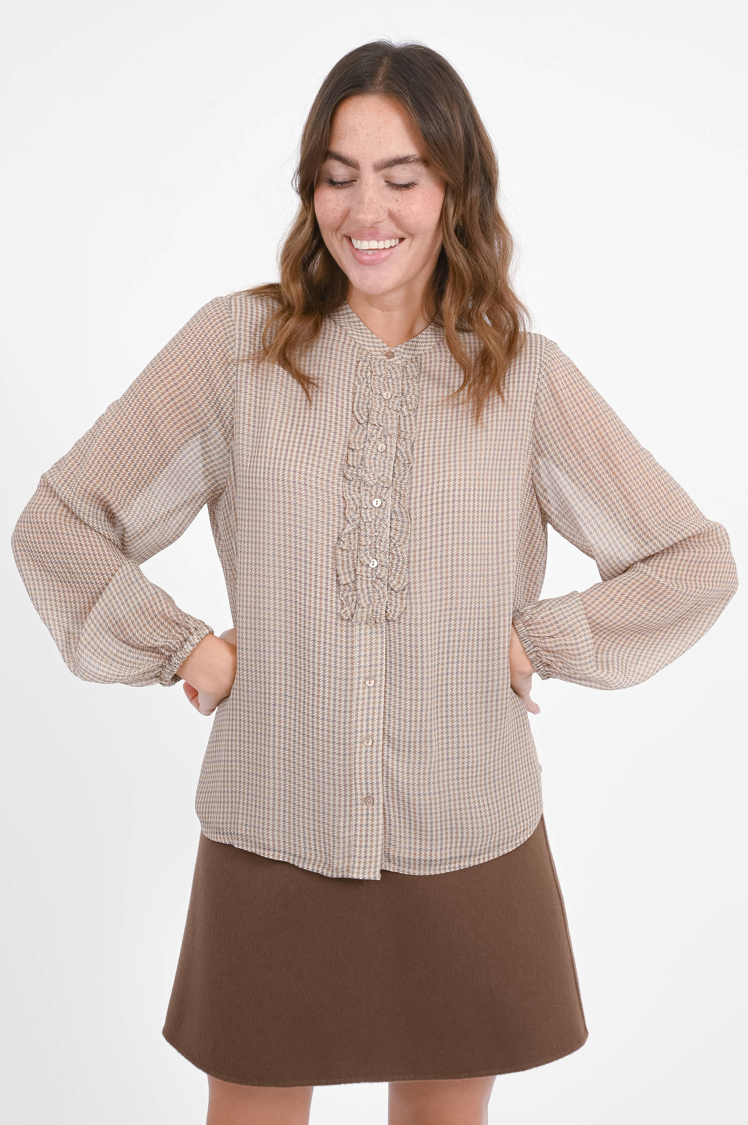 Bluse mit Rüschen in Ocker/Grau karriert Bluse mit Rüschen in Ocker/Grau karriert