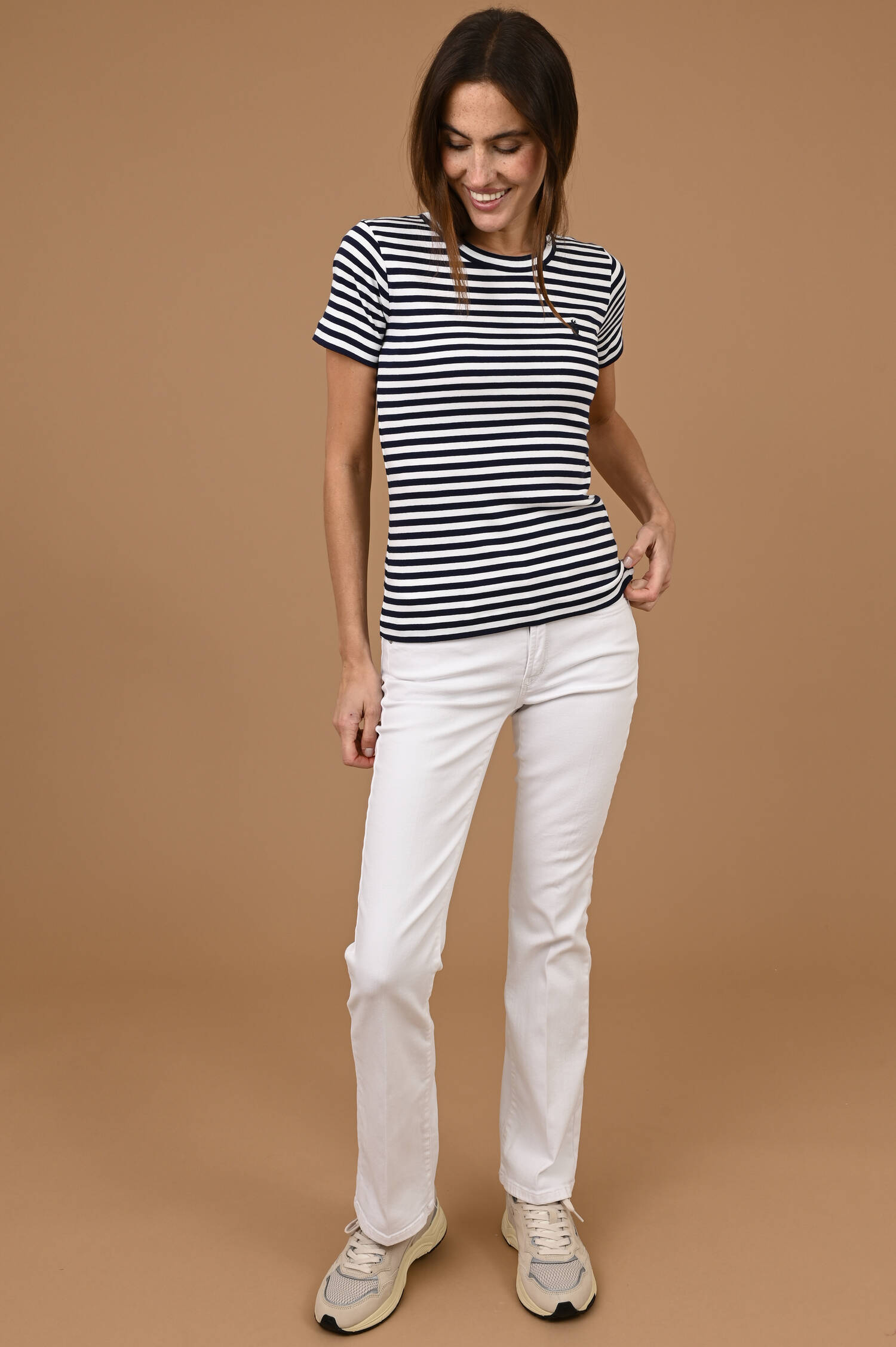 Streifen T-Shirt mit Froschaufstick in Blau/Weiß