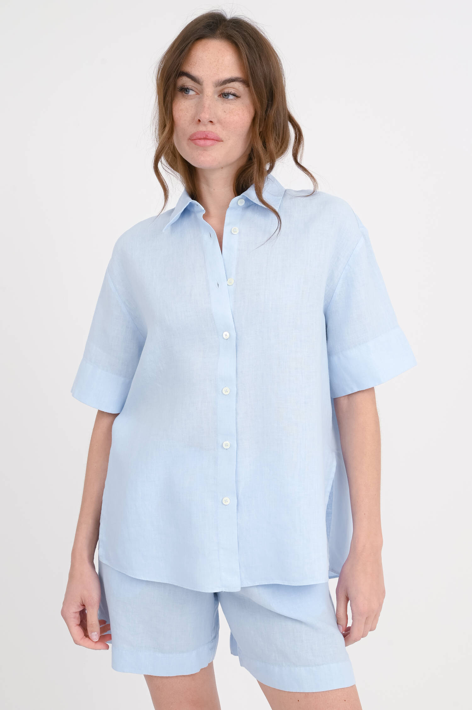Kurzarm Leinenbluse ZOE in Hellblau