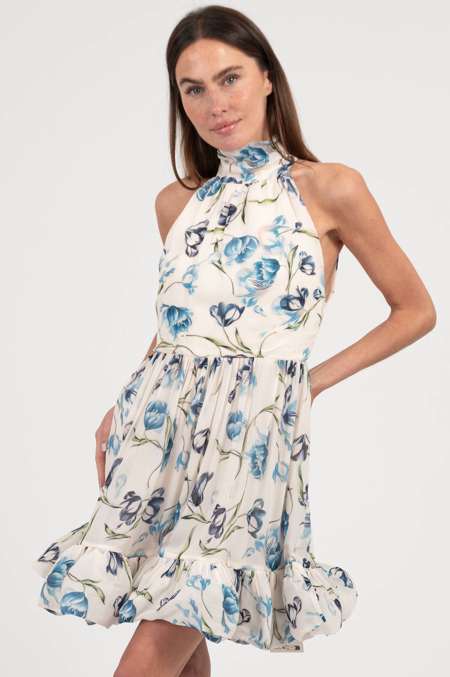 Volantkleid FERN in Weiß/Blau/Grün gemustert Volantkleid FERN in Weiß/Blau/Grün gemustert