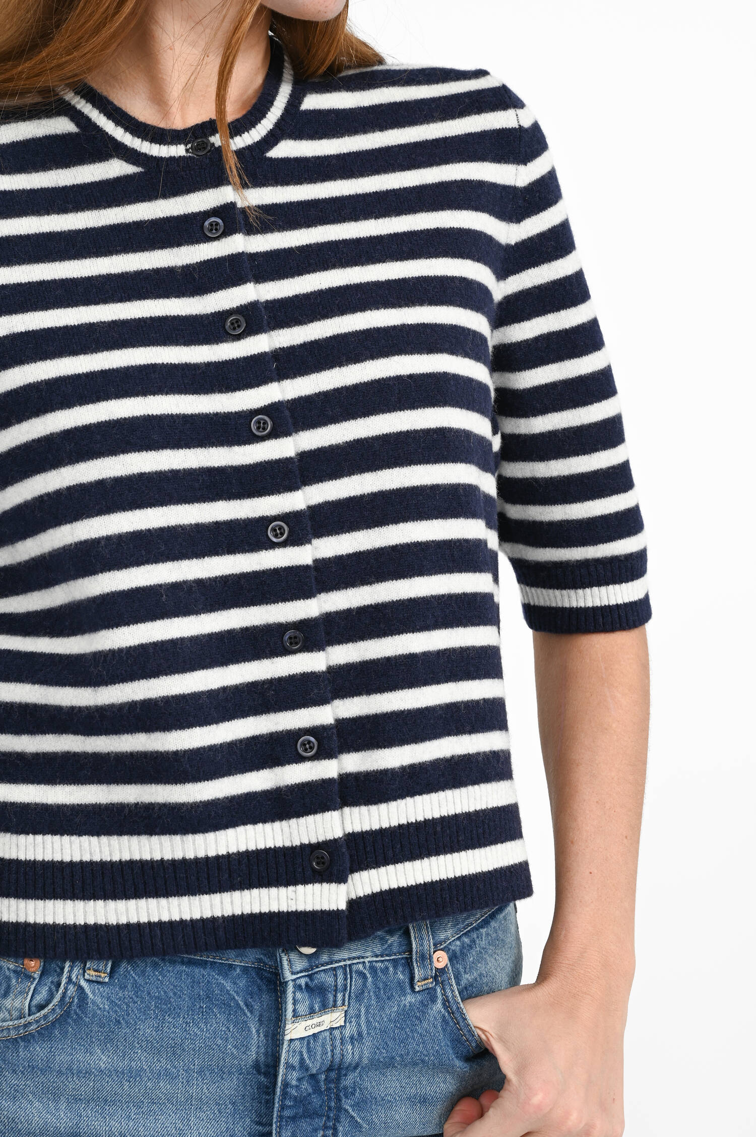 Woll Strickweste mit Streifen in Navy/White Woll Strickweste mit Streifen in Navy/White