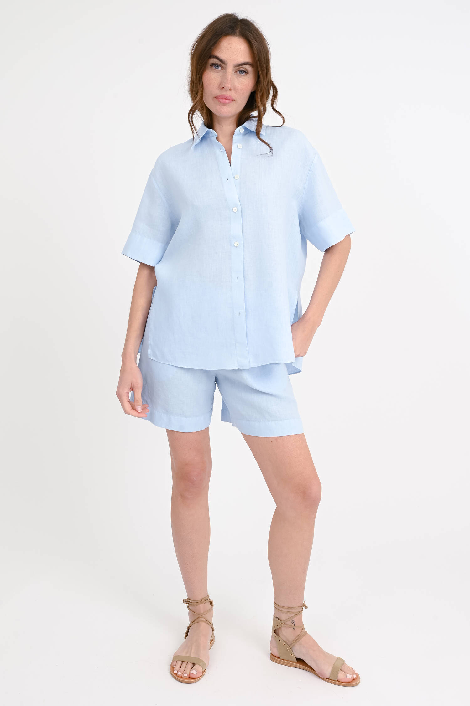 Kurzarm Leinenbluse ZOE in Hellblau