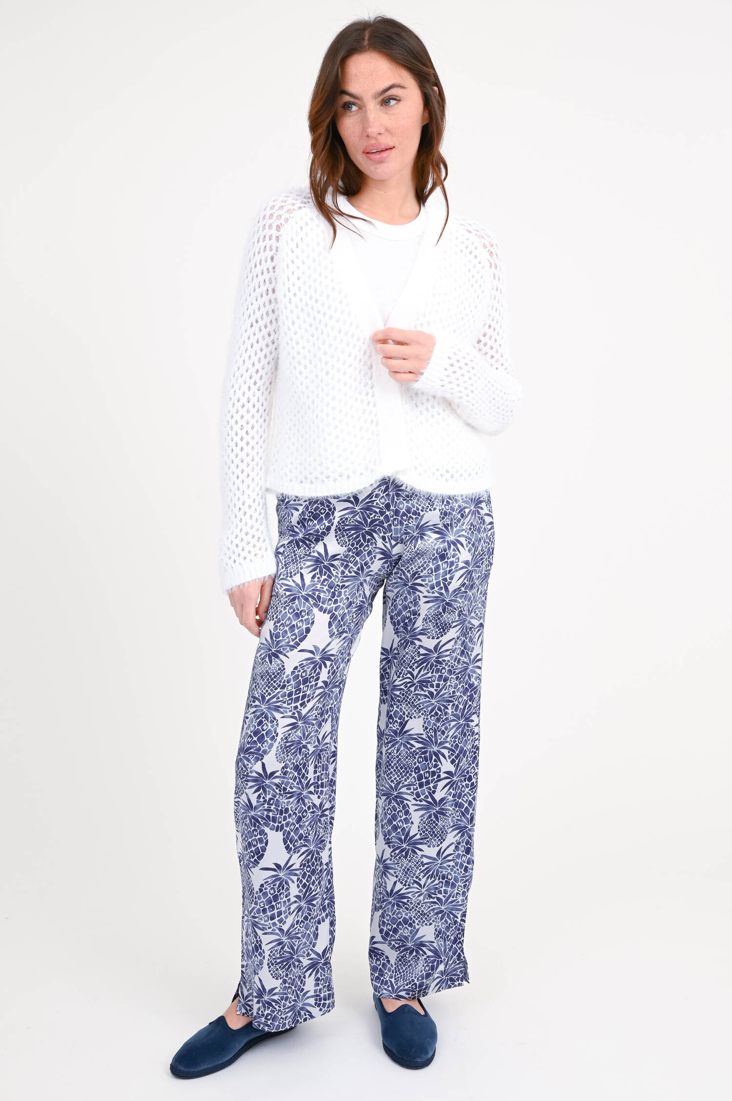 Seiden-Hose FLORASA in Blau/Weiß gemustert