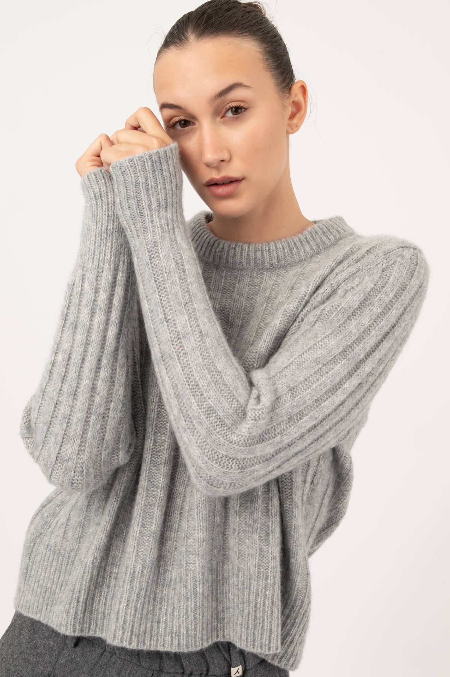 Cashmere-Seiden Rippstrick Pullover in Grau