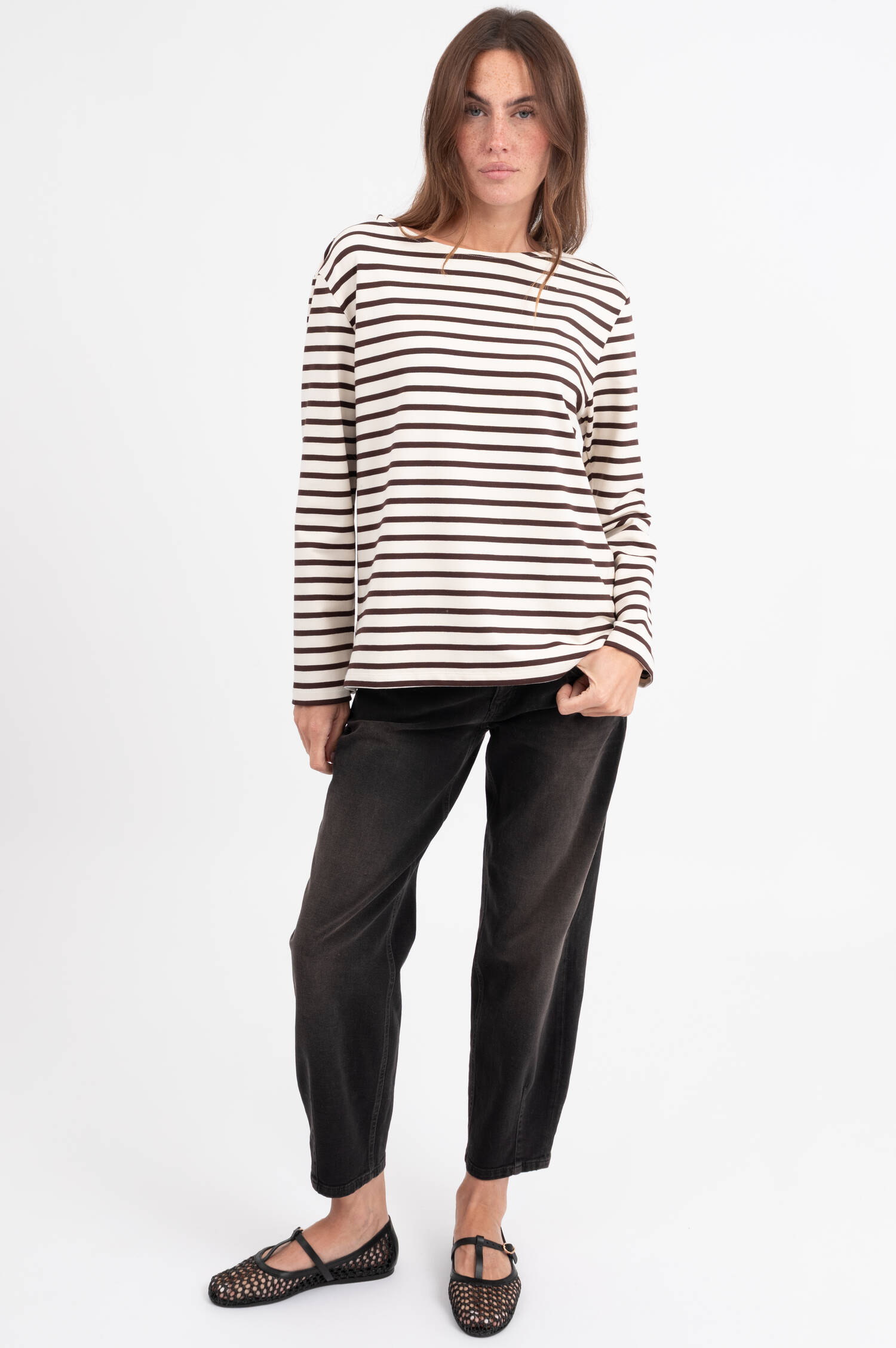 Langarm-Ringelshirt in Ecru/Braun Langarm-Ringelshirt in Ecru/Braun