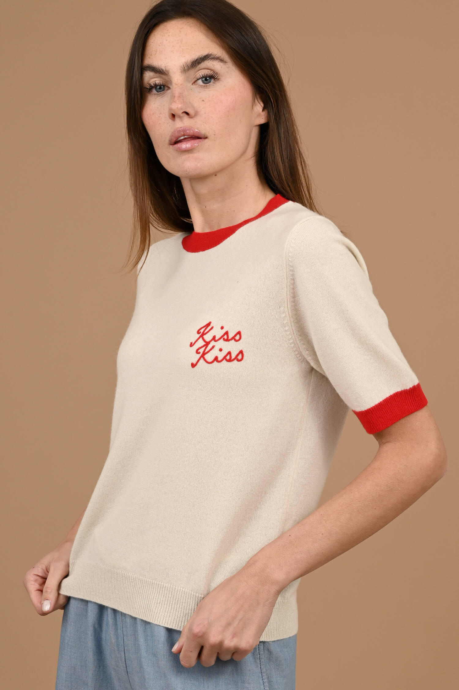 Cashmere Strickshirt KISS KISS in Beige/Rot