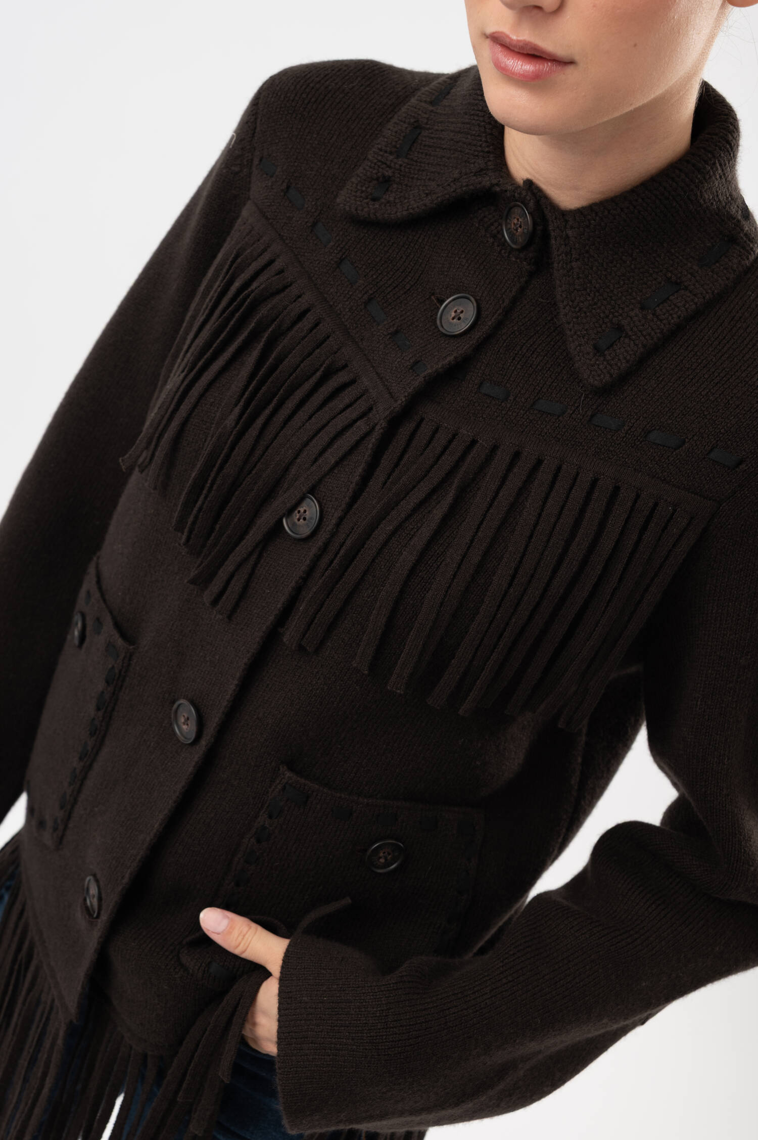 Cashmere-Woll-Western-Fransenjacke in Dunkelbraun Cashmere-Woll-Western-Fransenjacke in Dunkelbraun