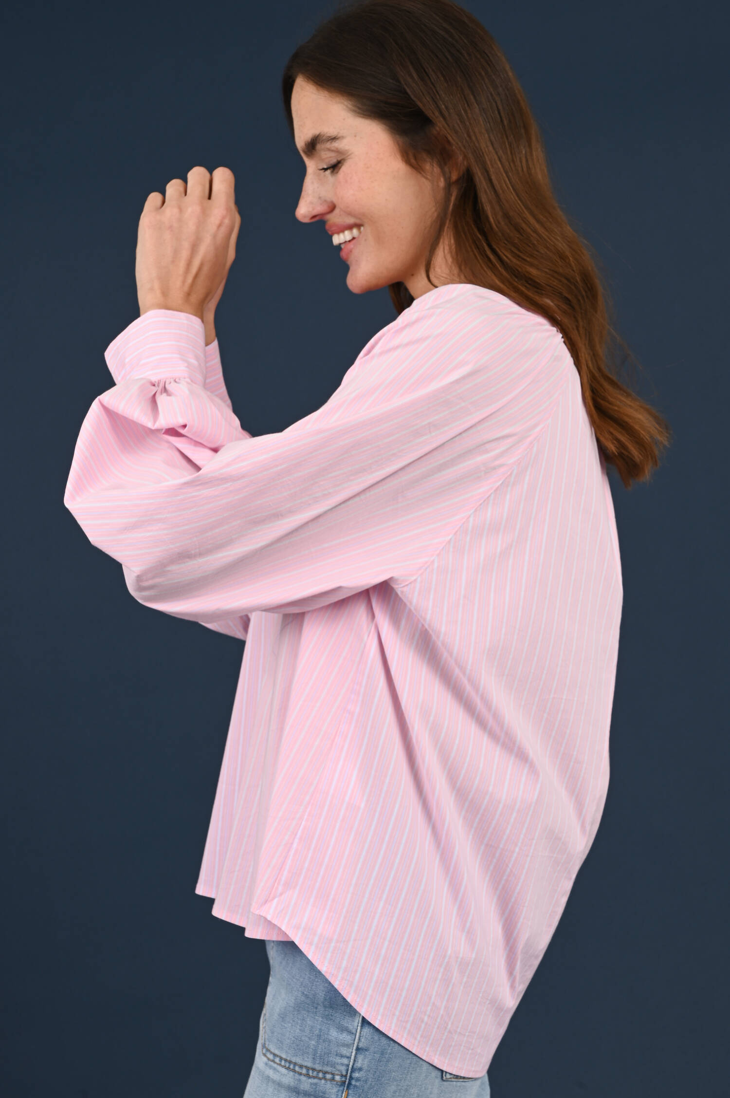 Schlupfbluse in Pink/Blau/Weiß gestreift