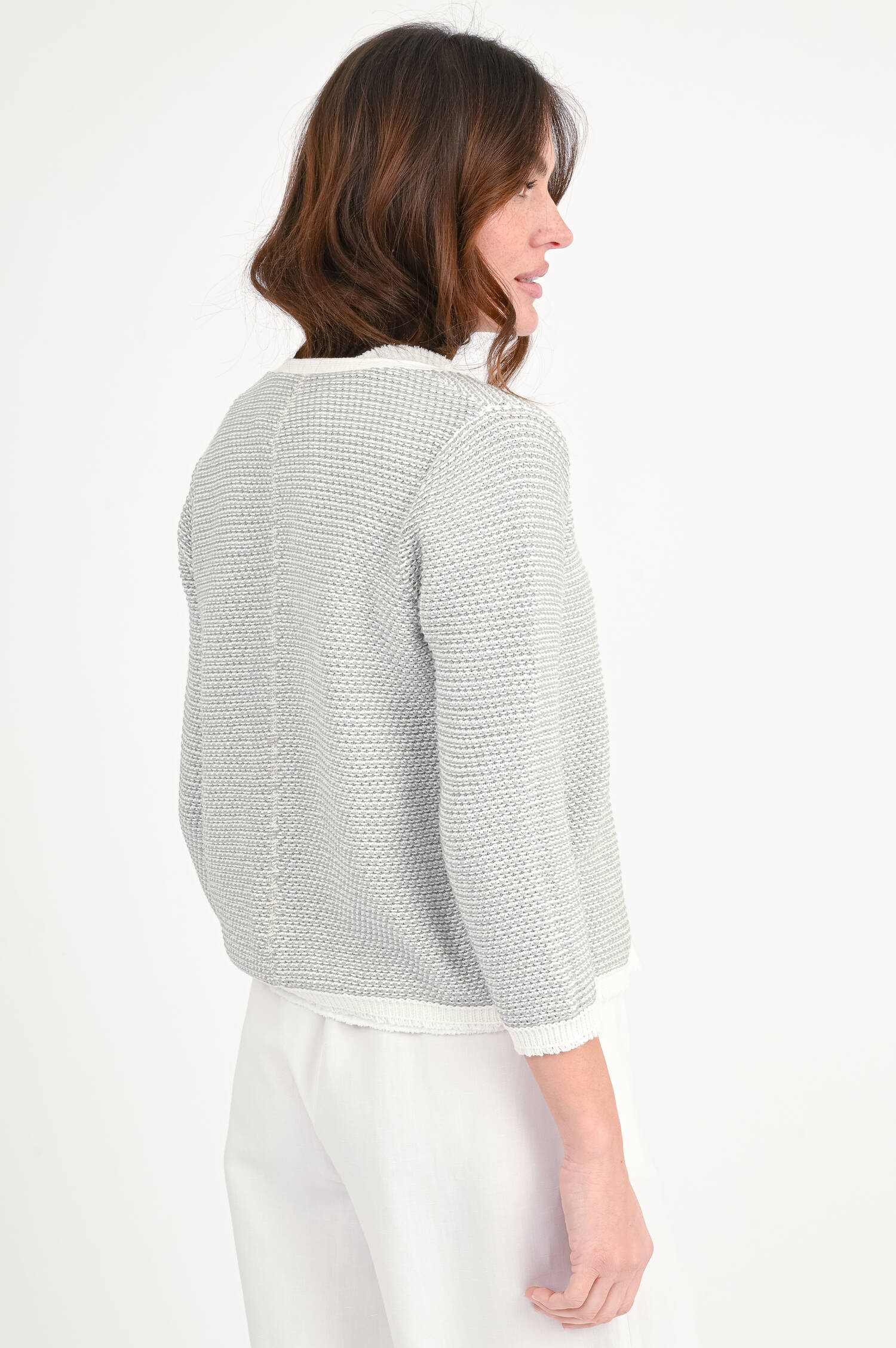 Strickweste aus Baumwolle in Graugrün/Weiß