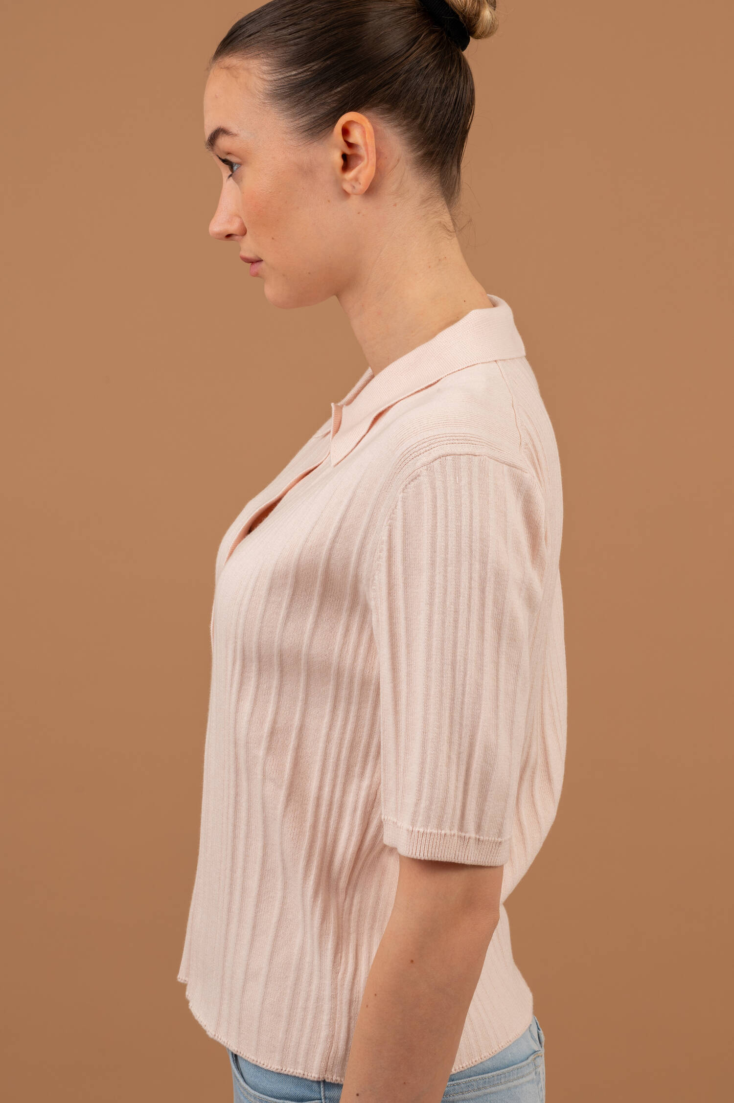 Rippstrick Polo-Shirt in Blush Rosa