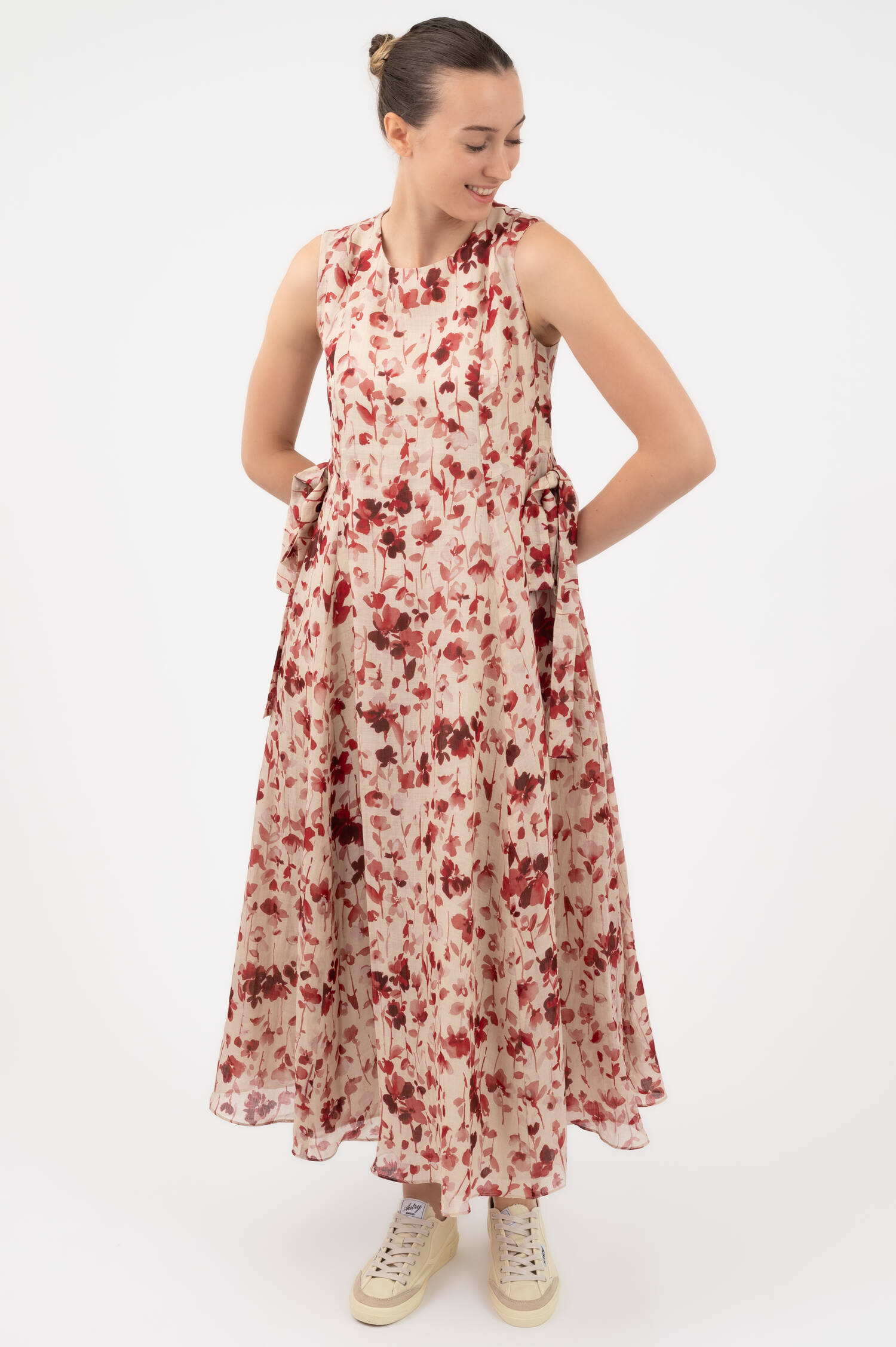 Gemustertes Kleid aus Ramie in Beige/Rot