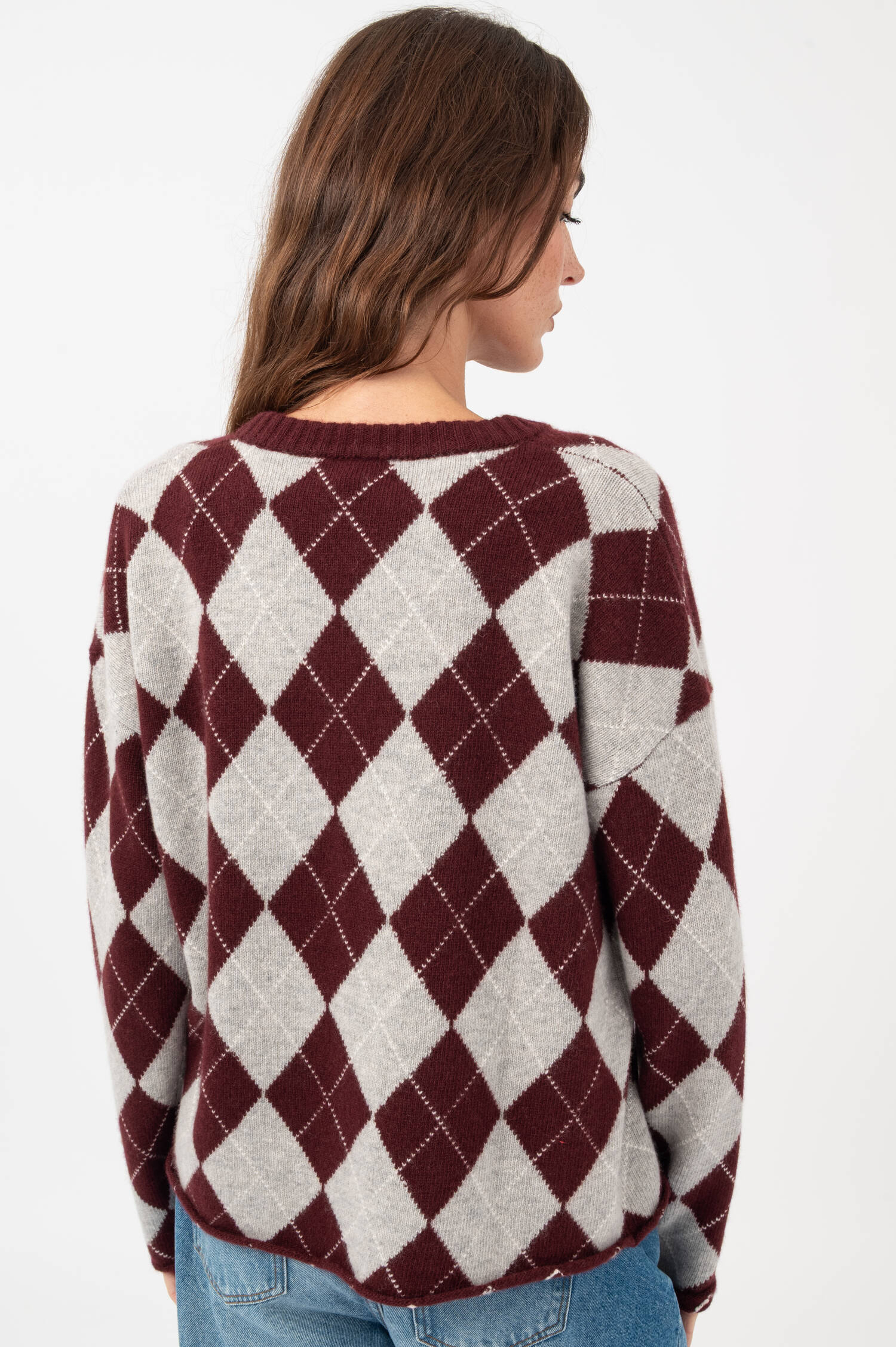 Rauten Woll-Pullover in Bordeaux/Grau