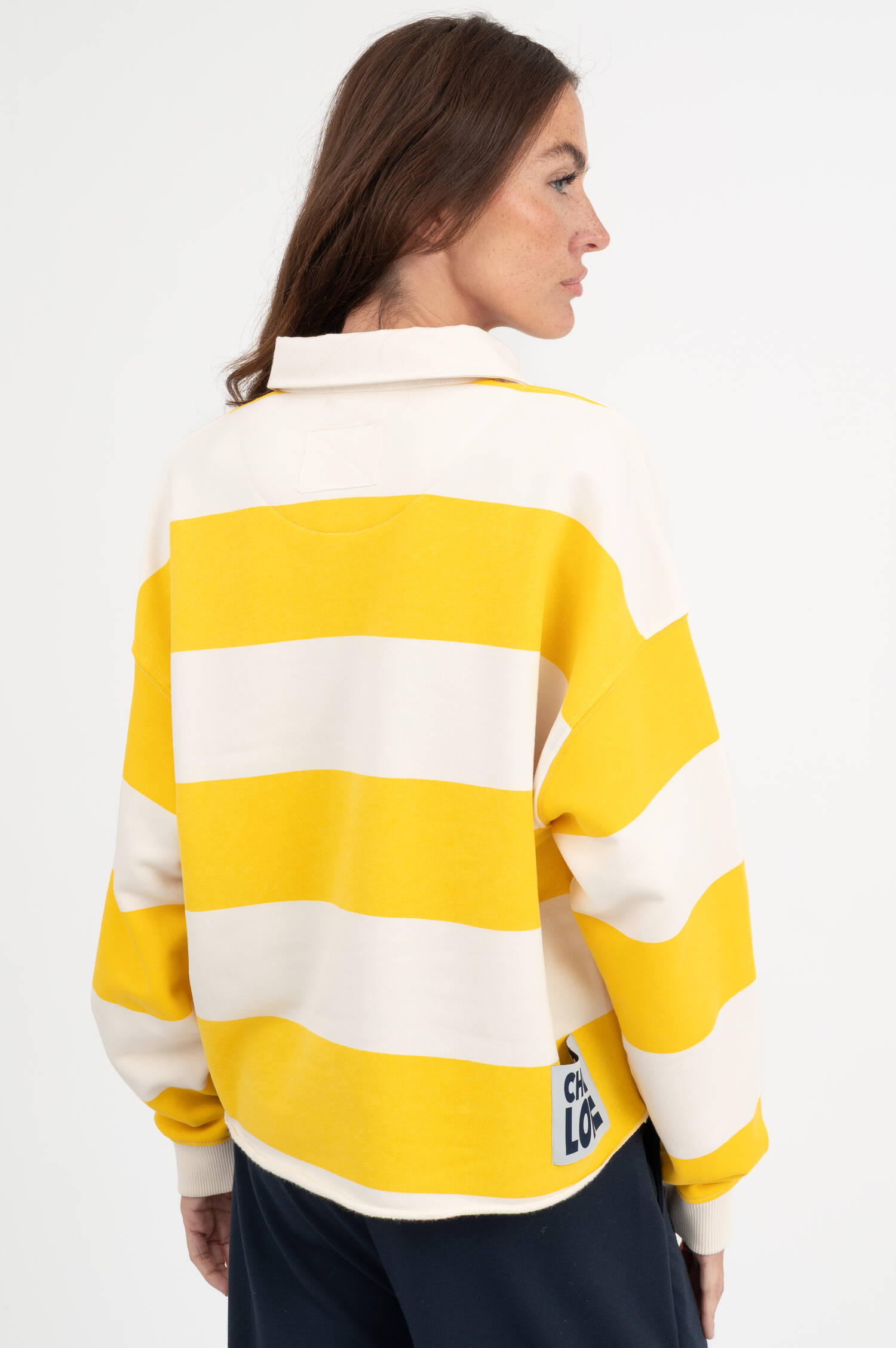 Polosweater in Ecru/Gelb gestreift