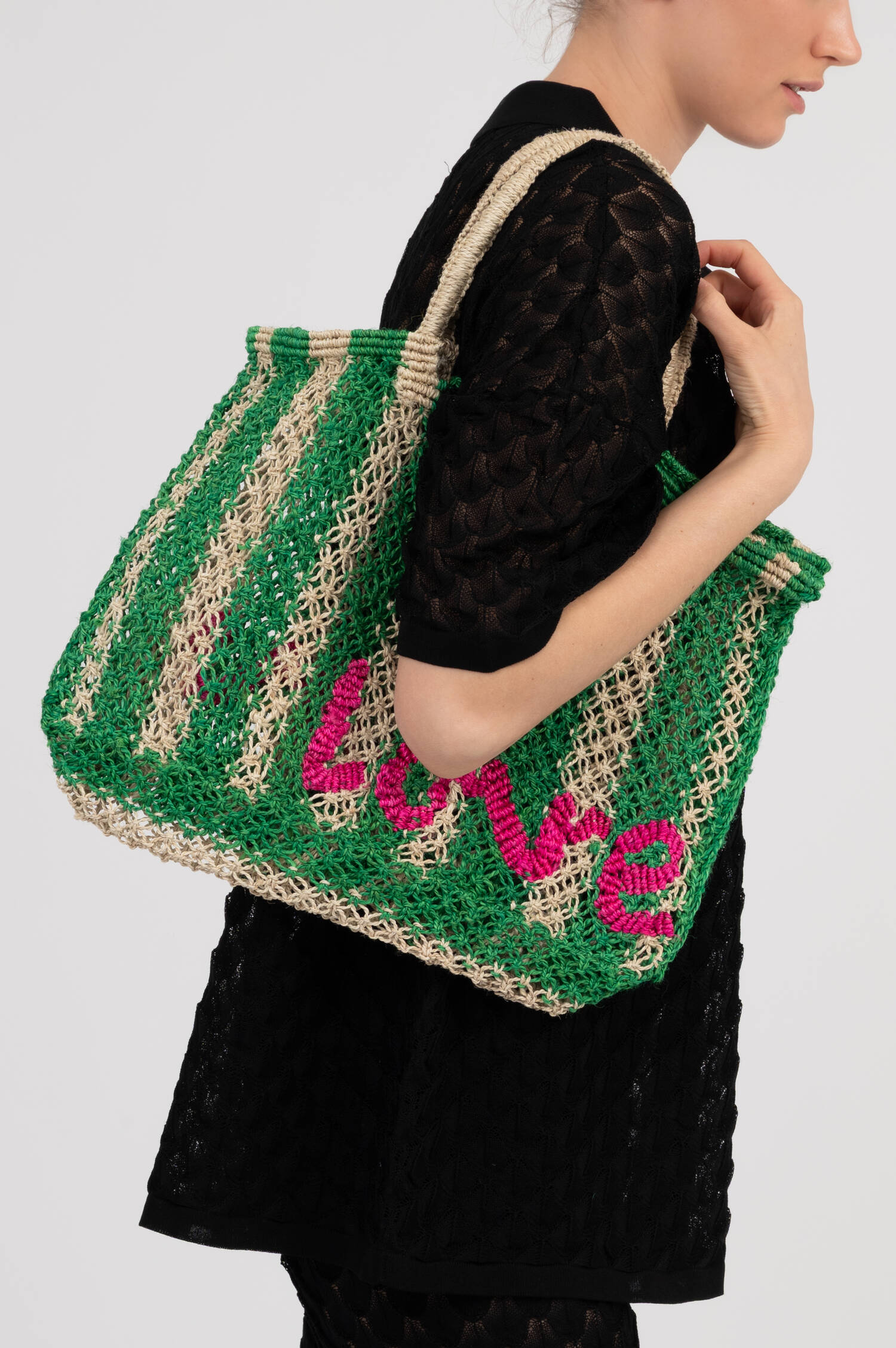 Gestreifter Shopper LAVINIA aus Jute in Grün/Beige Gestreifter Shopper LAVINIA aus Jute in Grün/Beige