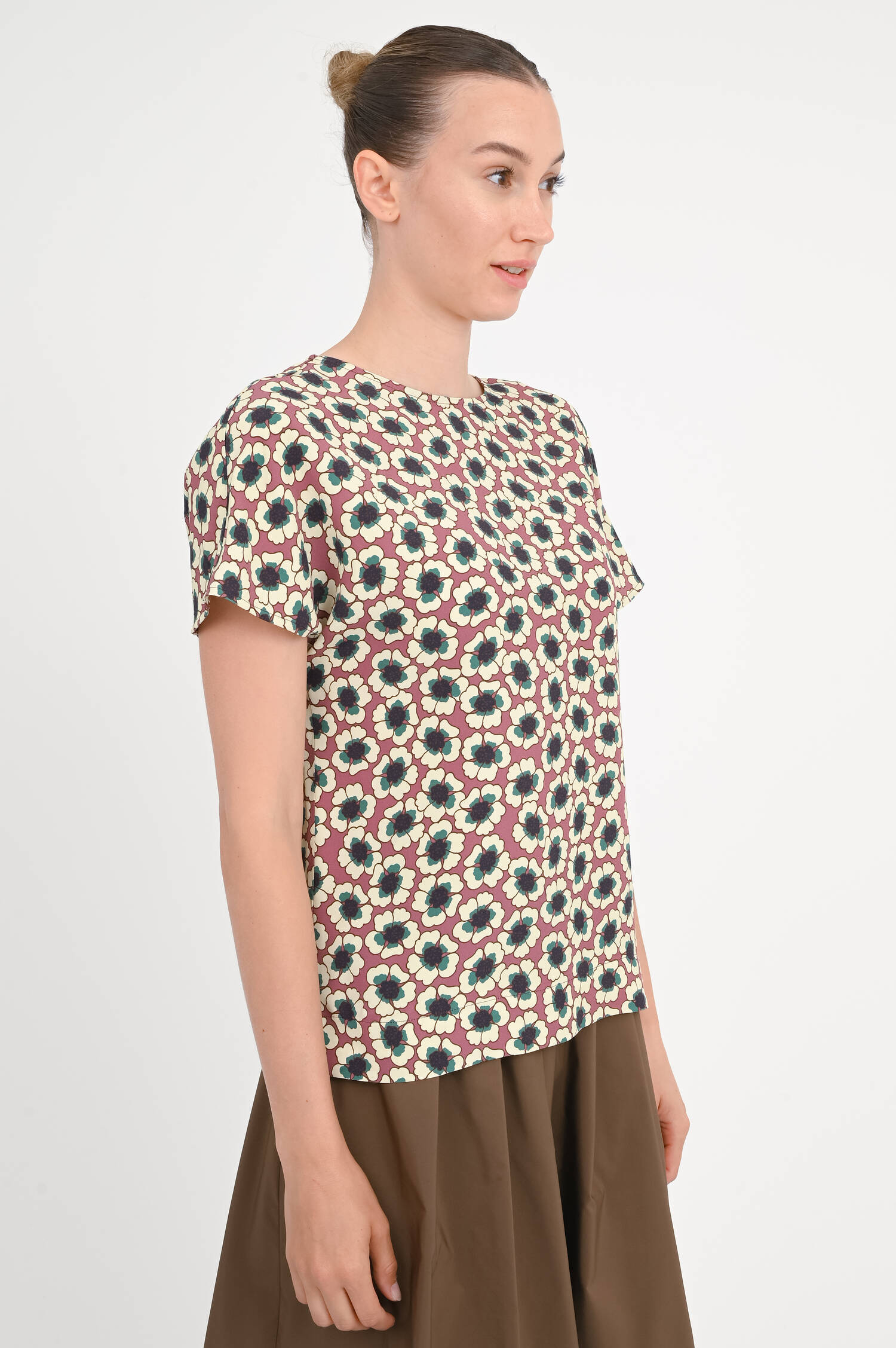 Gemusterte Bluse aus Viskose in Aubergine/Vanille