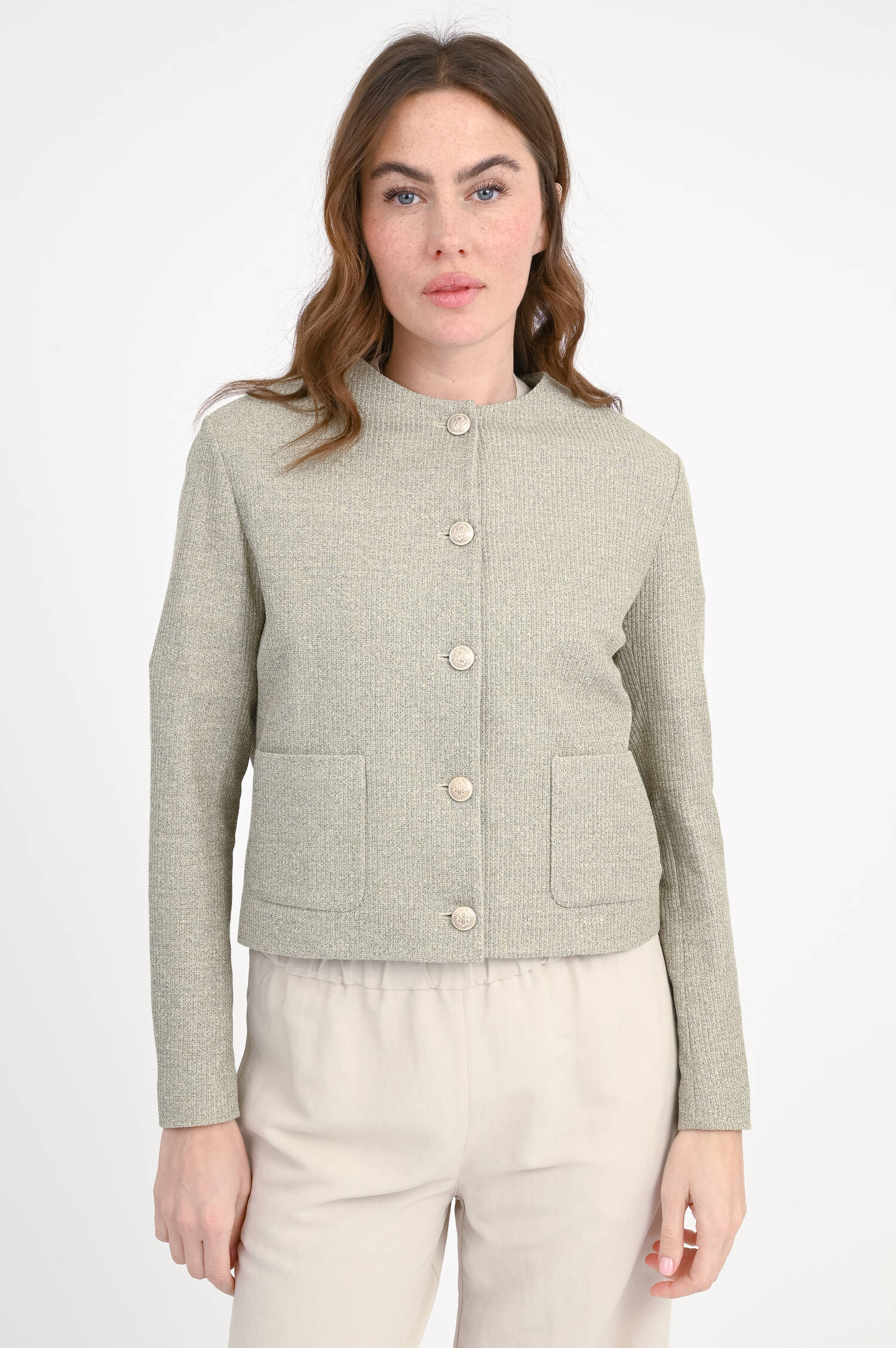 Jacke mit Rundhalsausschnitt in Khaki meliert