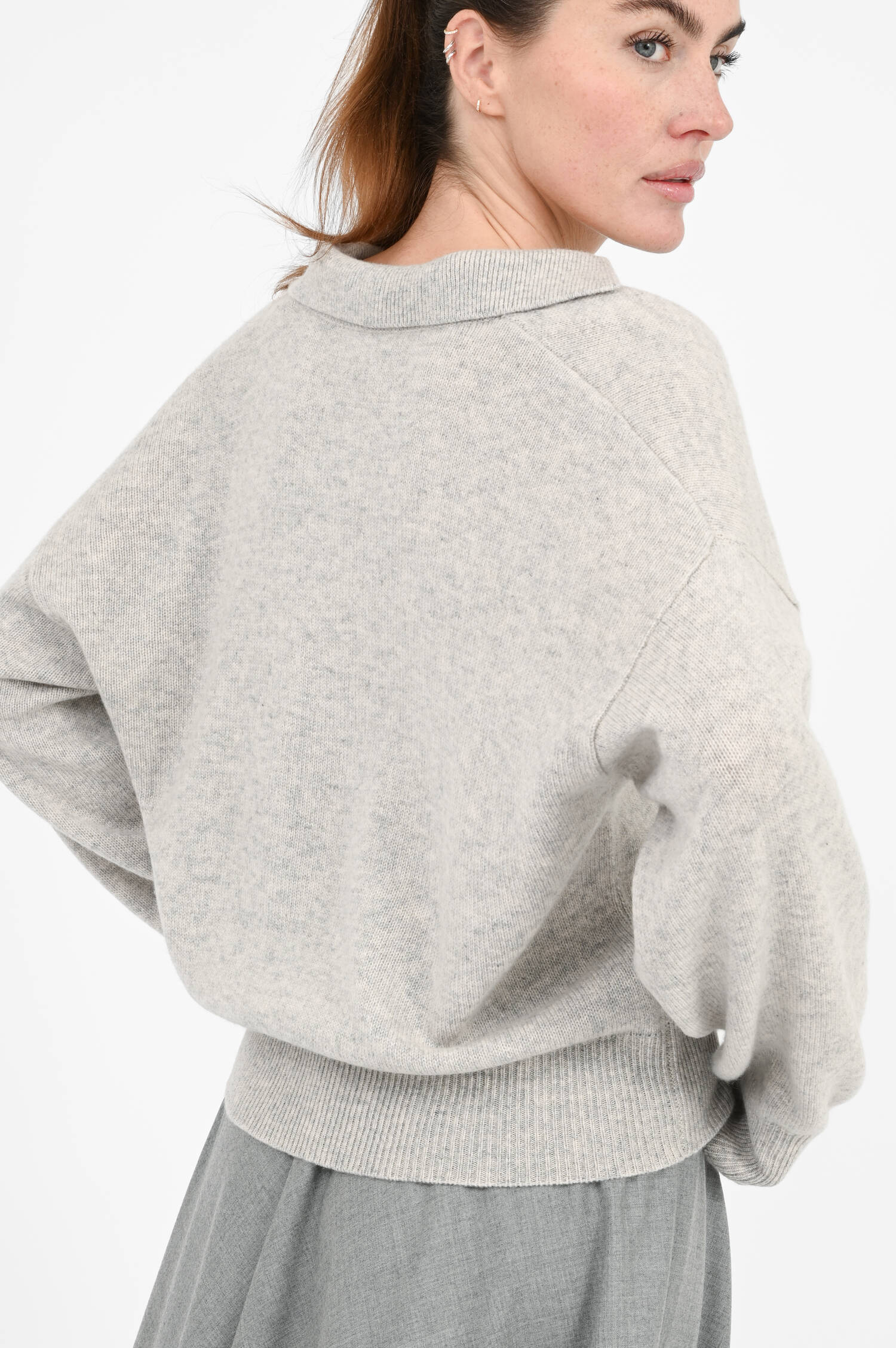 Cashmere-Pullover mit Hemdkragen Grau meliert