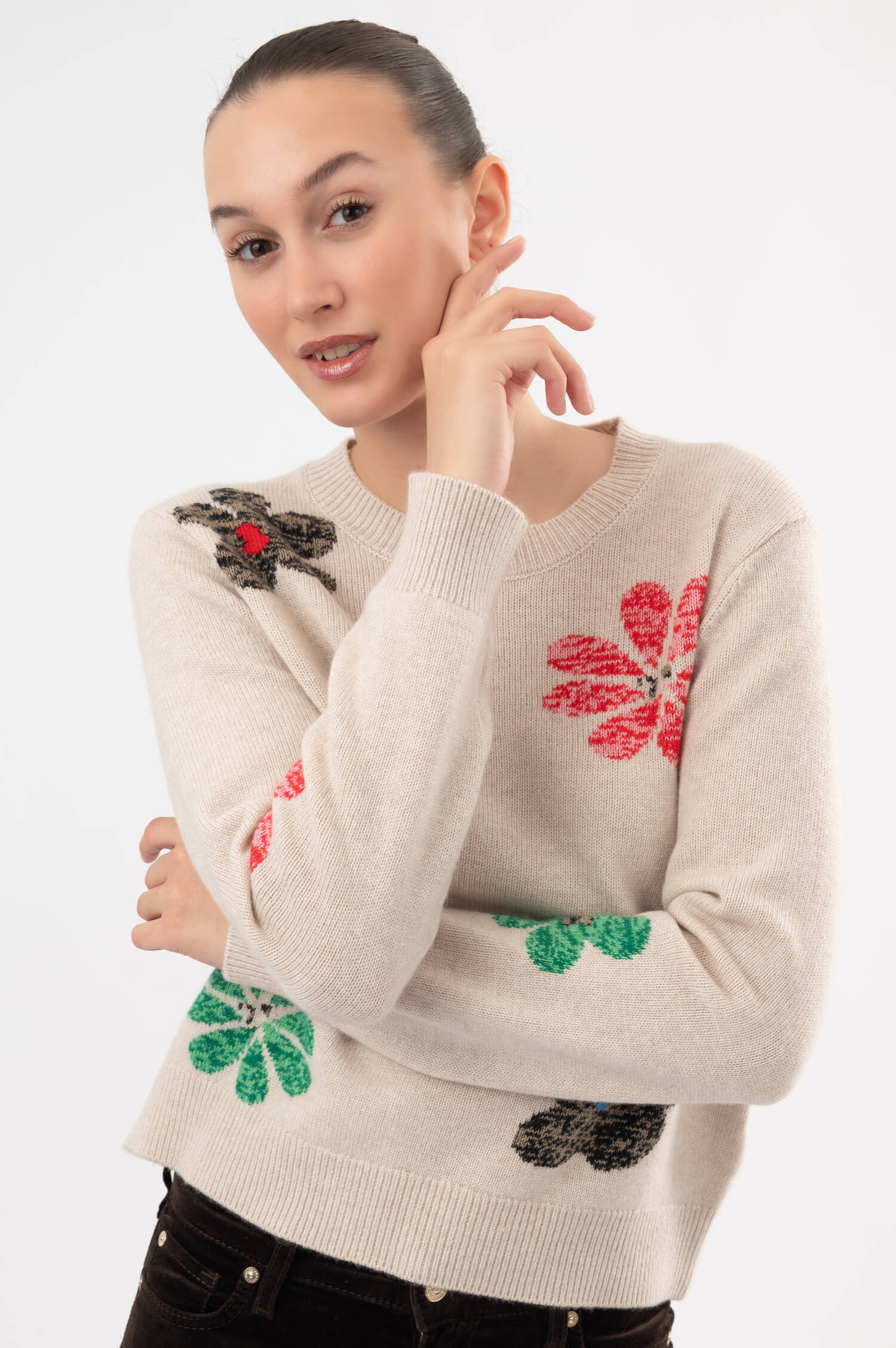 Woll-Cashmere-Pullover mit Blumen-Details in Beige Woll-Cashmere-Pullover mit Blumen-Details in Beige