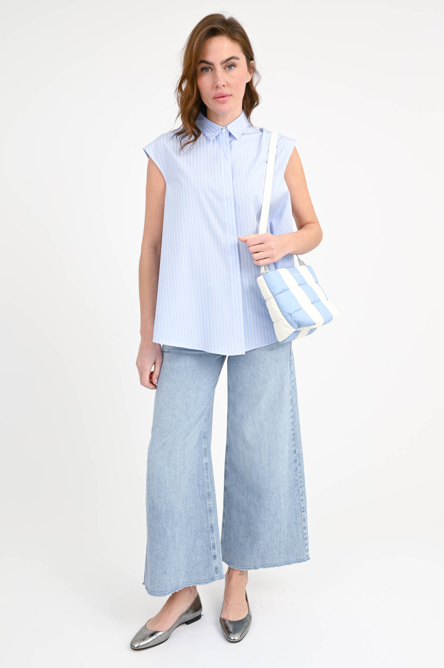 Kurzarm Bluse in Blau/Weiß gestreift