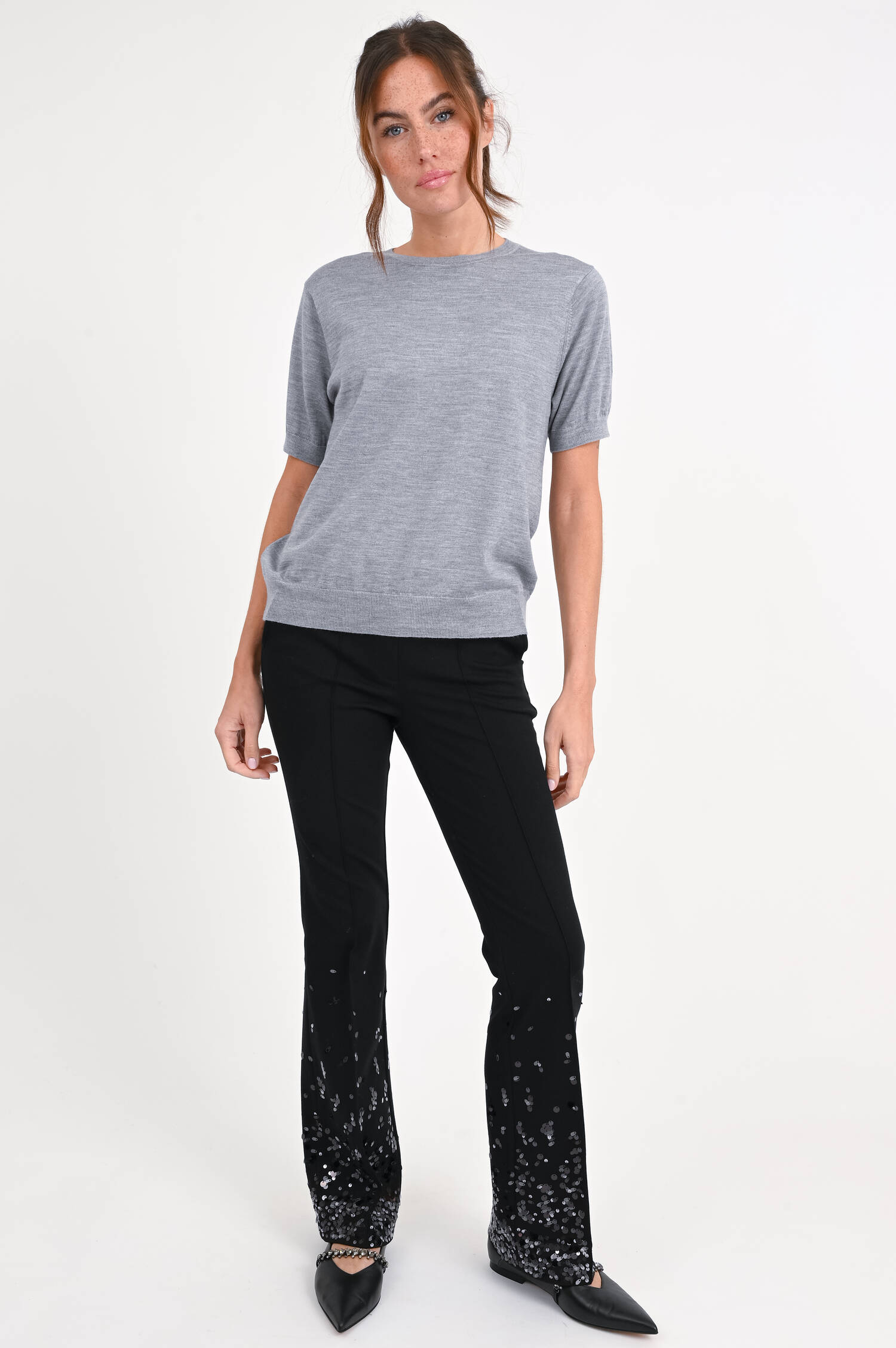 Kurzarm-Woll-Mix-Pullover in Grau