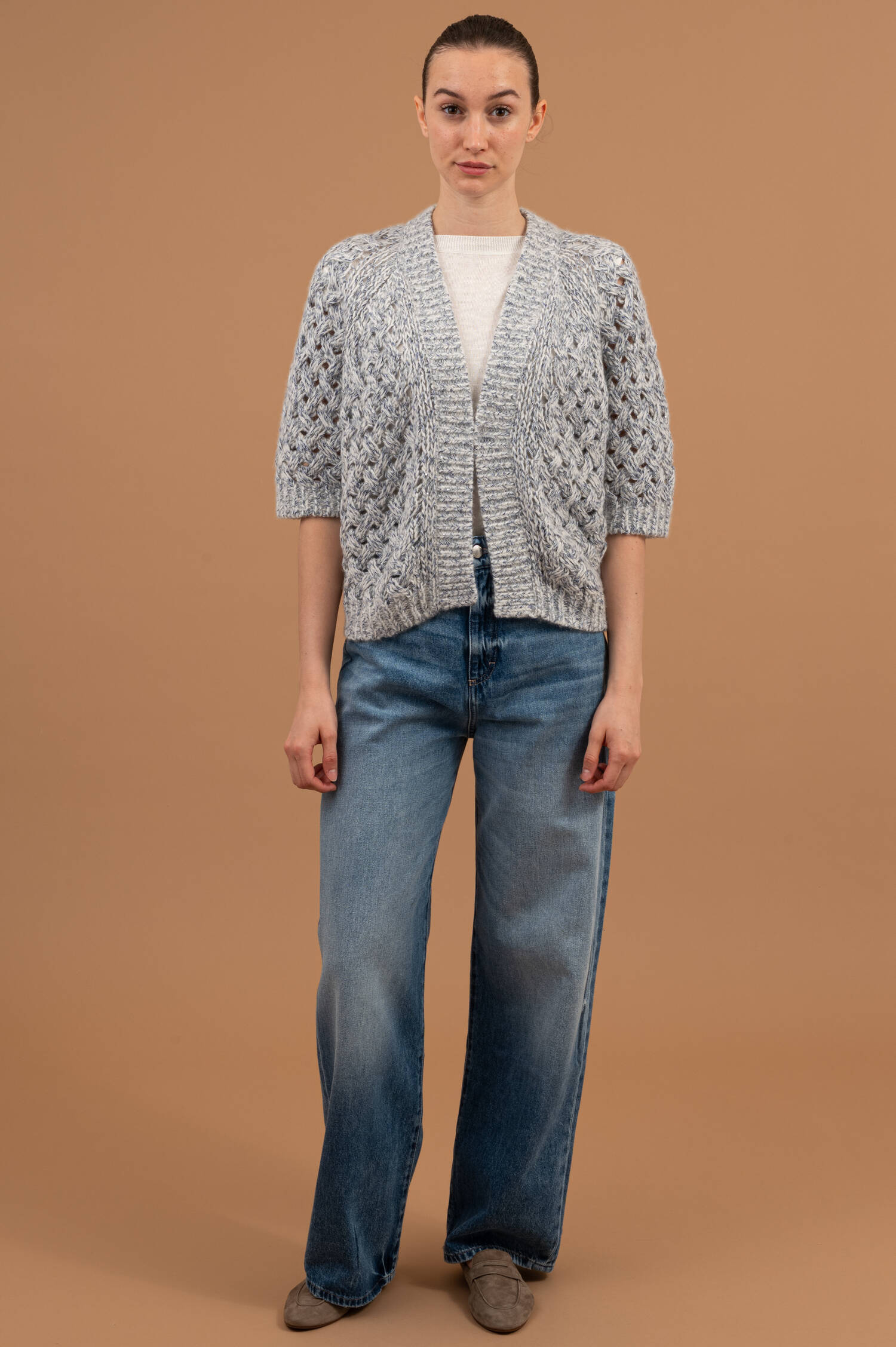 Groblochstrickweste mit Pailletten in Weiß/Blau