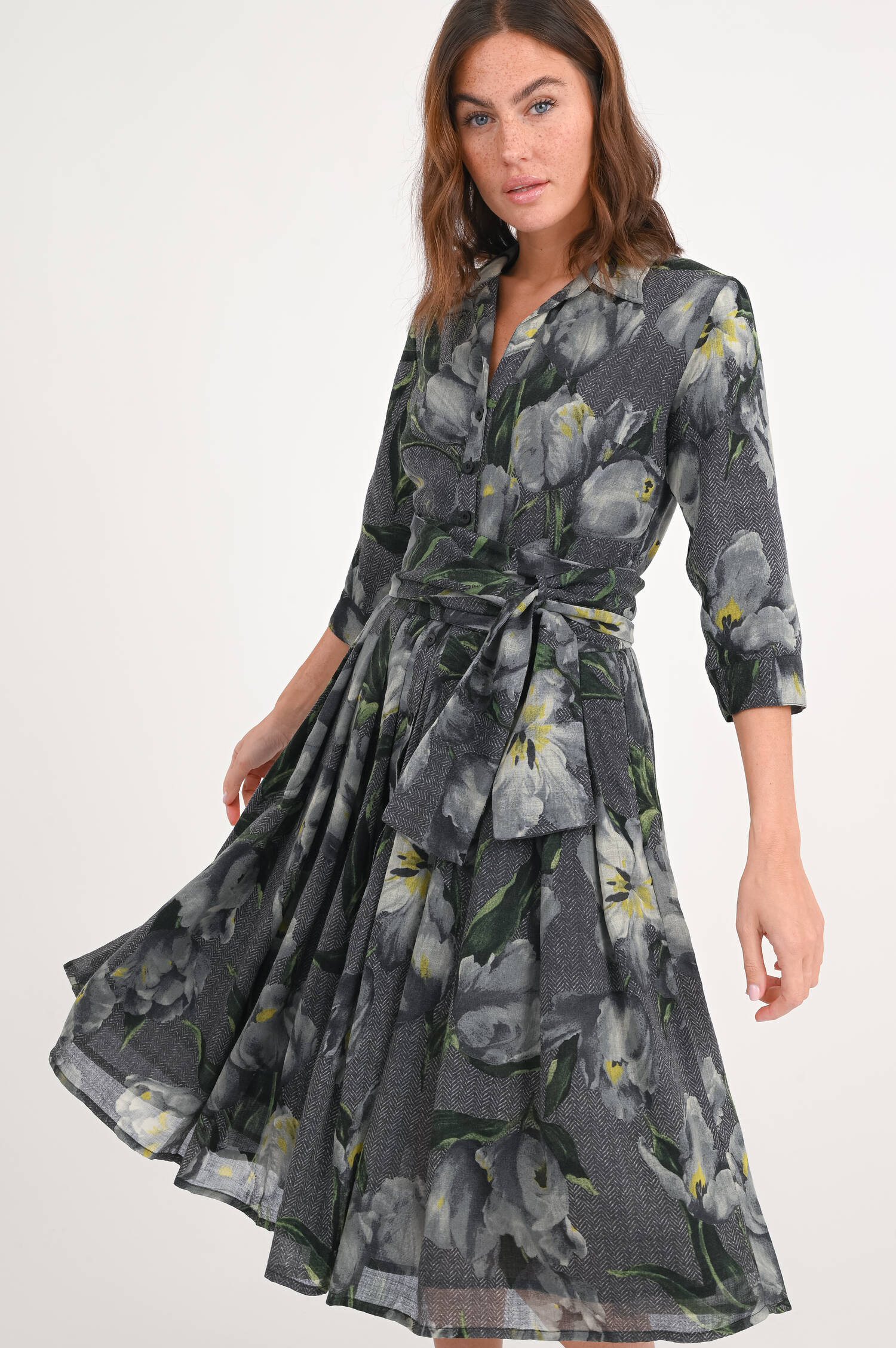 Kleid AUDREY mit Tulpen-Print in Graugrün