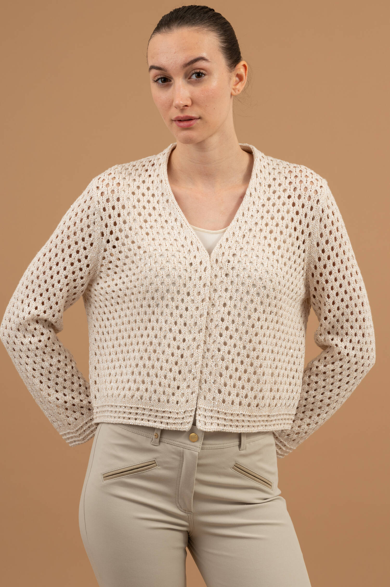 Lochstrickweste mit Pailletten in Beige