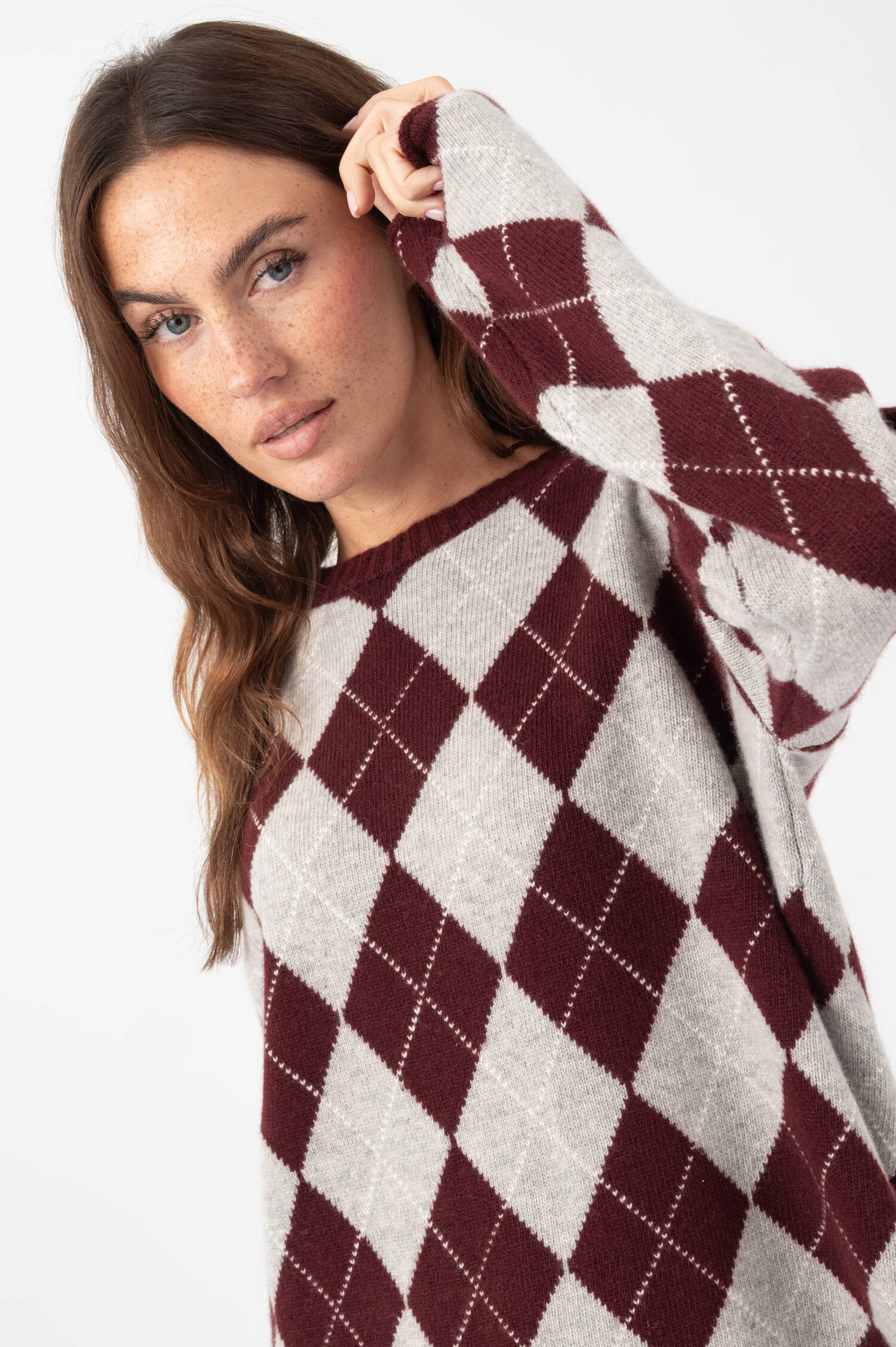 Rauten Woll-Pullover in Bordeaux/Grau